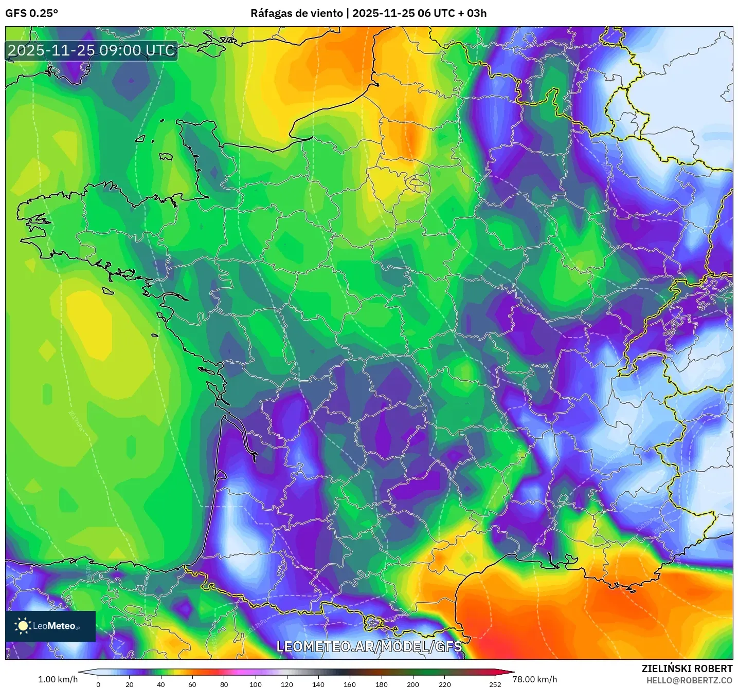 GFS model - Francia, Ráfagas de viento