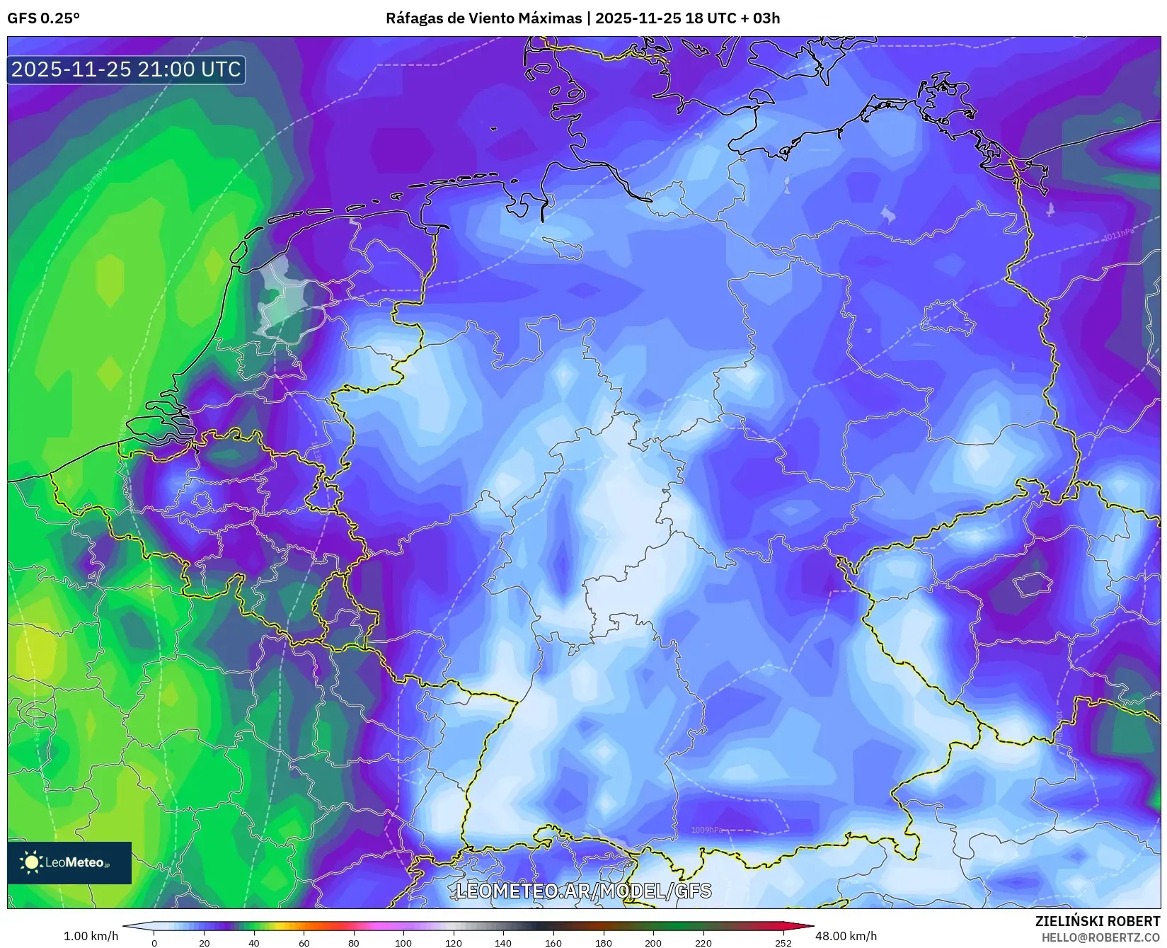 GFS model - Alemania, Ráfagas de Viento Máximas