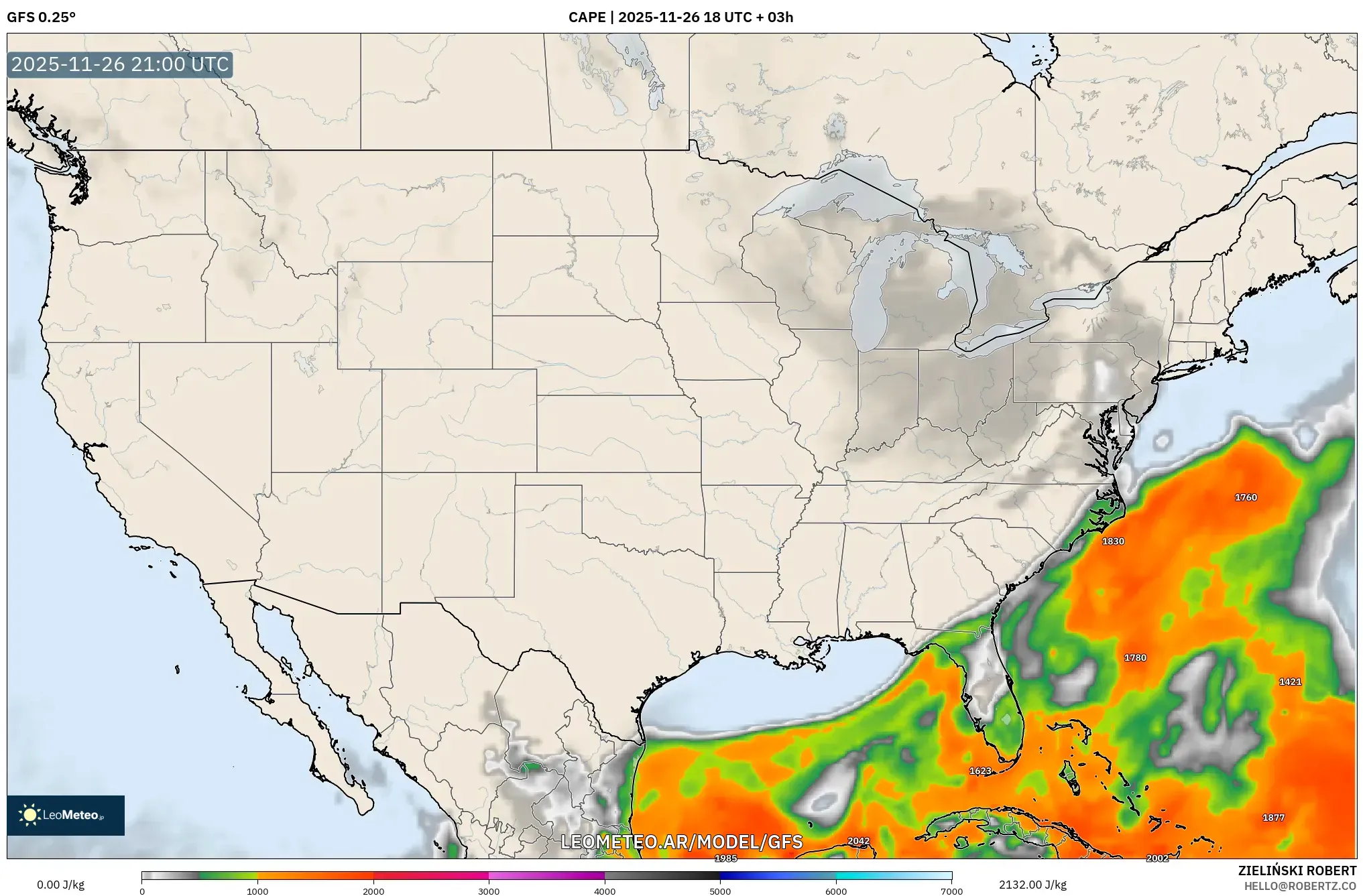 GFS model - Estados Unidos, CAPE