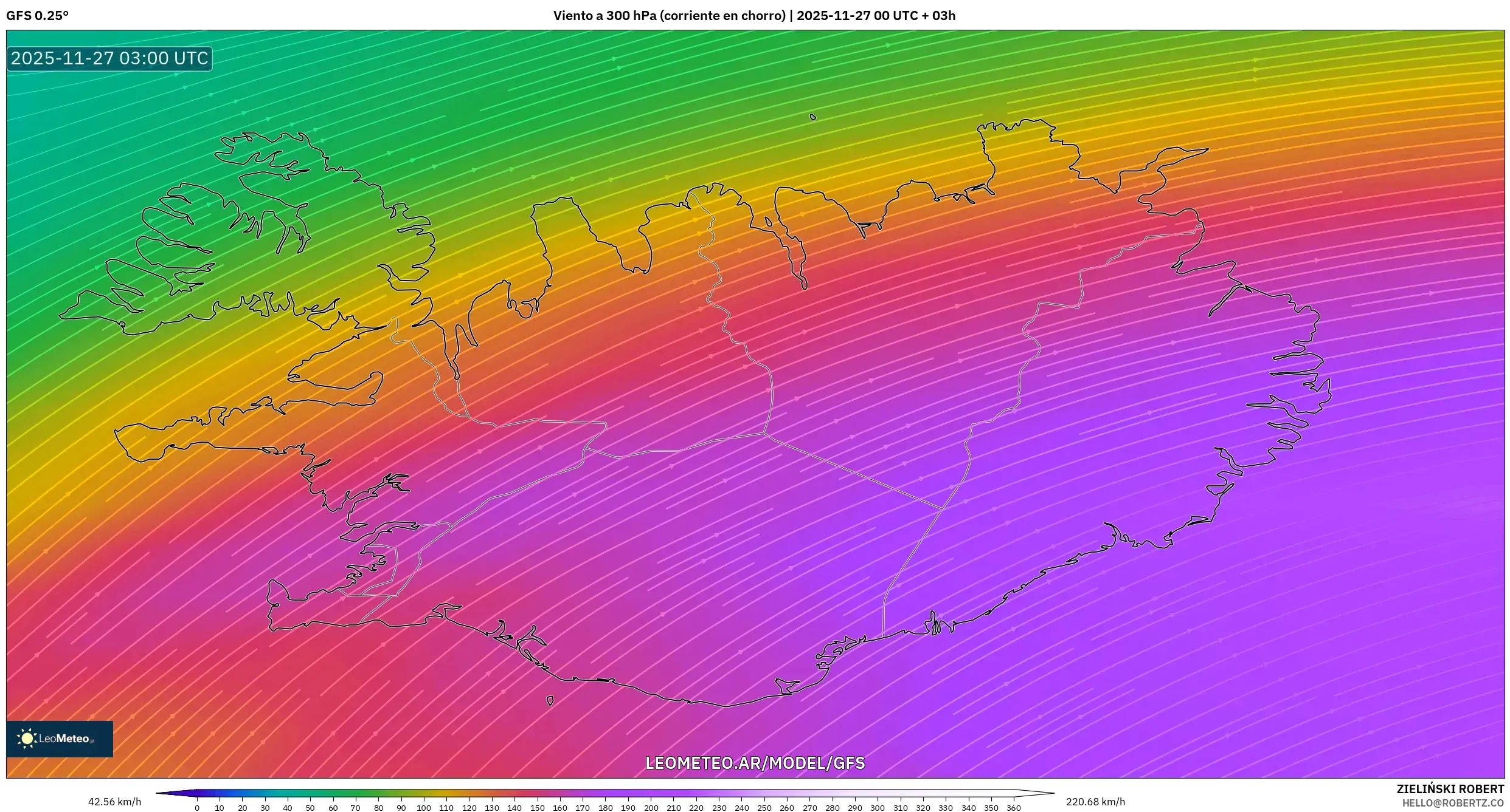 GFS model - Islandia, Viento a 300 hPa (corriente en chorro)
