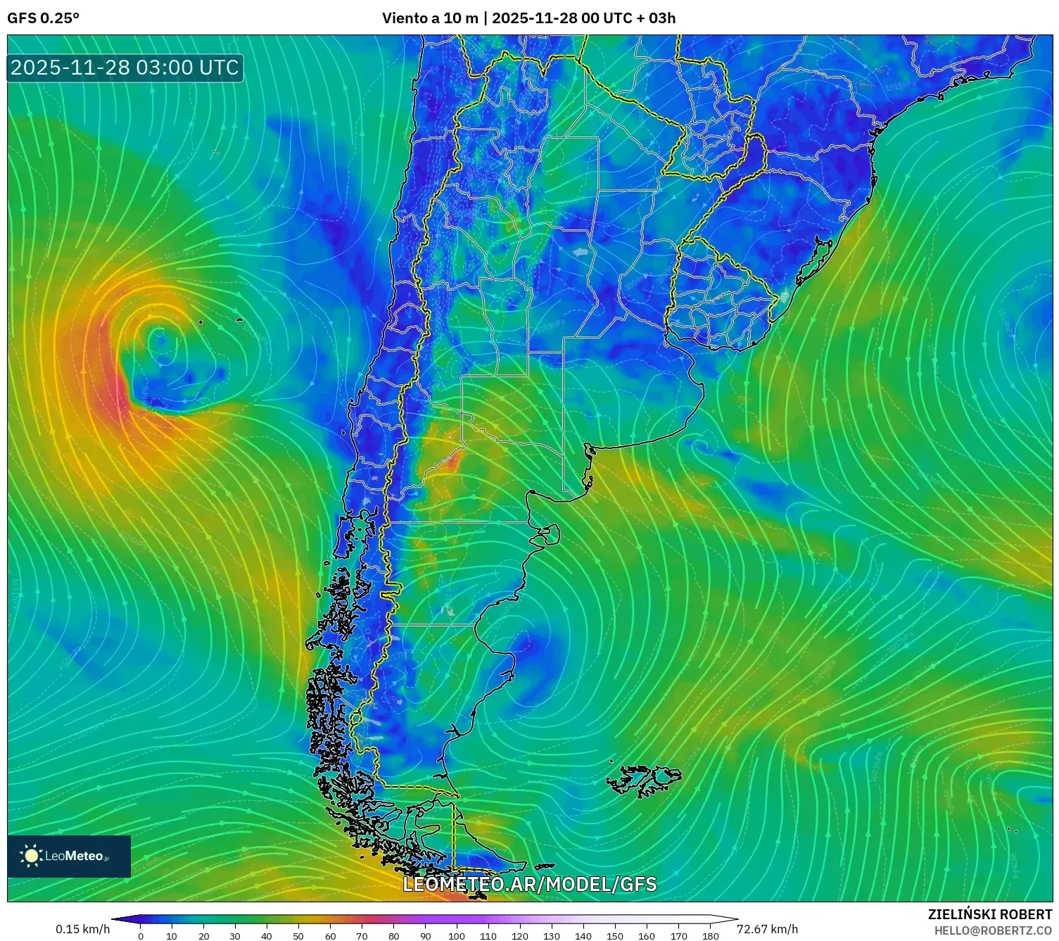 GFS model - Argentina, Viento a 10 m