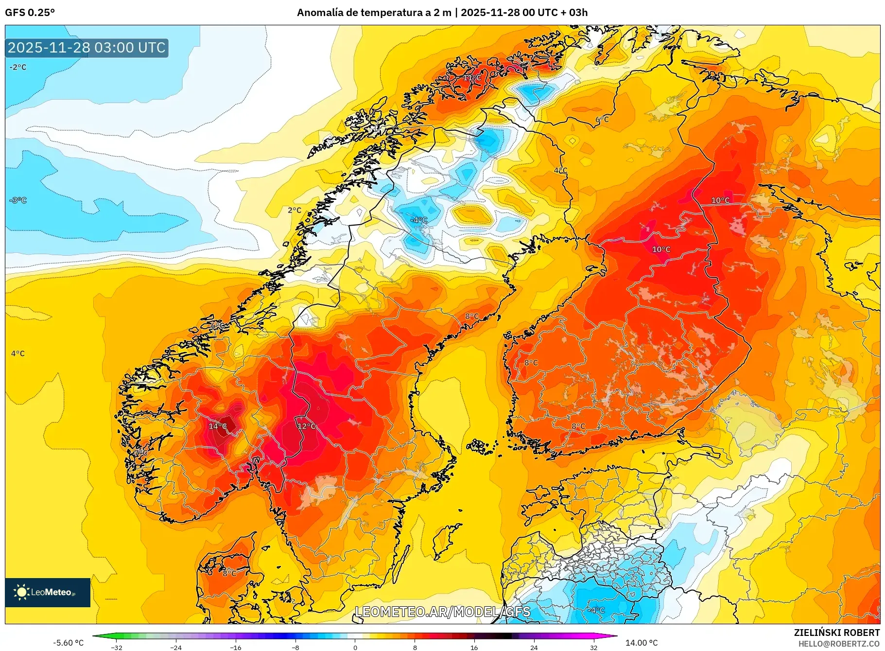 GFS model - Escandinavia, Anomalía de temperatura a 2 m