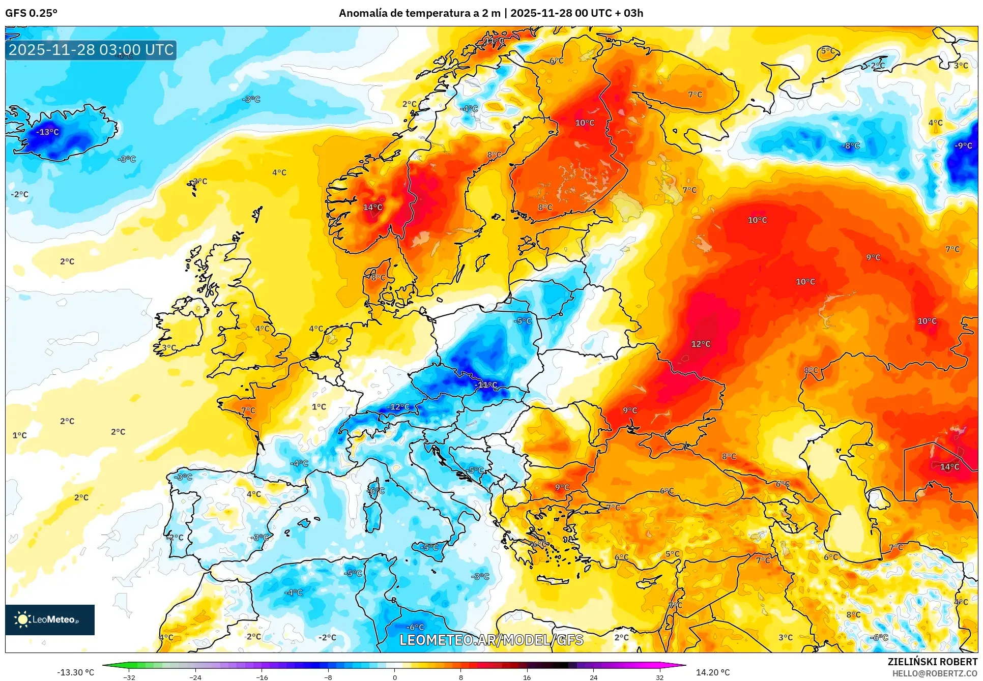 GFS model - Europa, Anomalía de temperatura a 2 m
