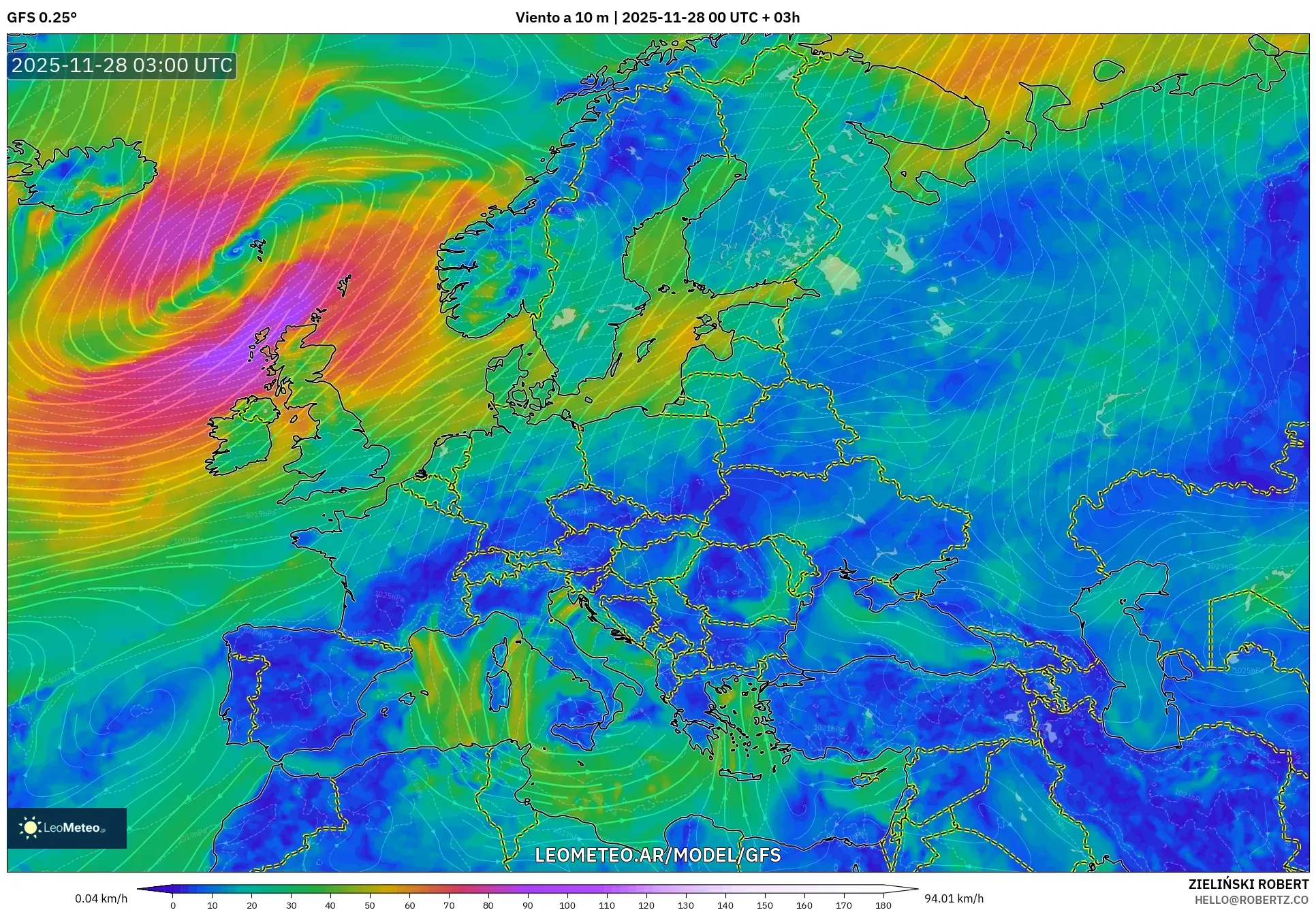 GFS model - Europa, Viento a 10 m