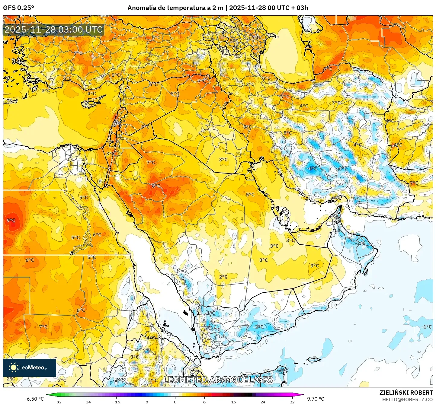 GFS model - Oriente Medio, Anomalía de temperatura a 2 m