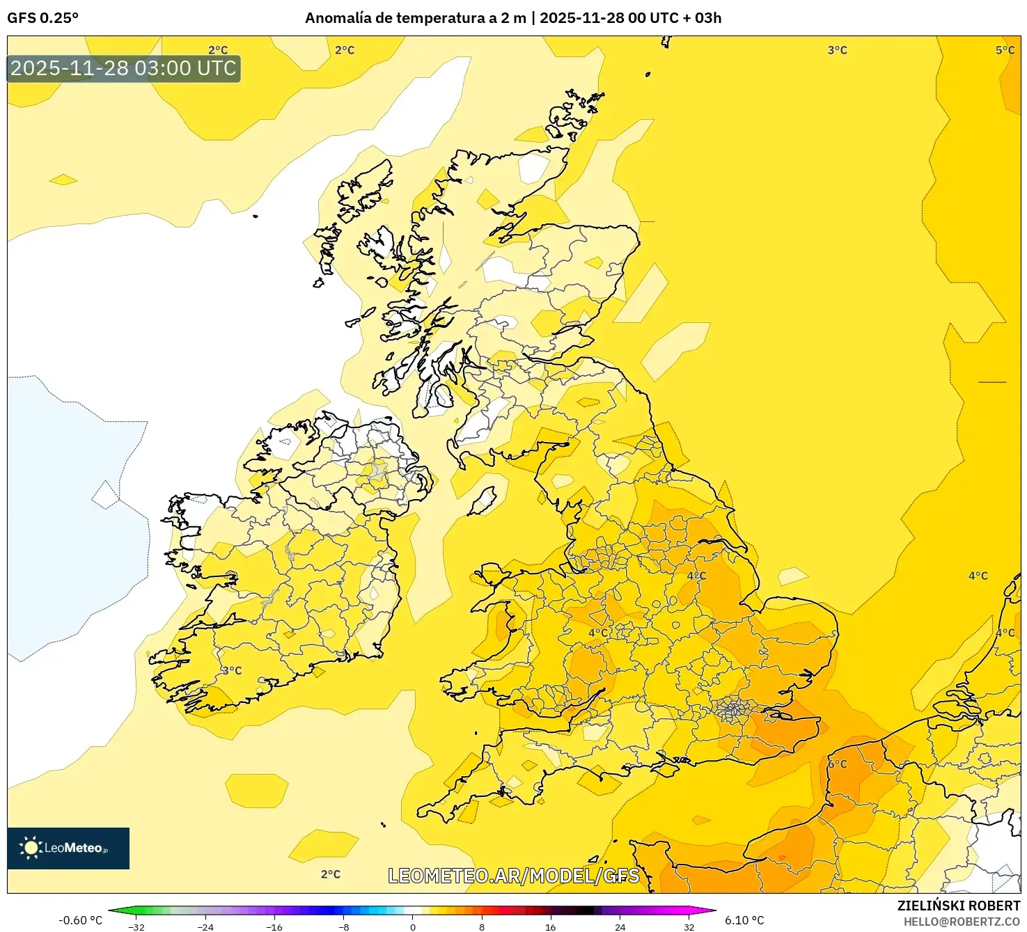 GFS model - Reino Unido, Anomalía de temperatura a 2 m