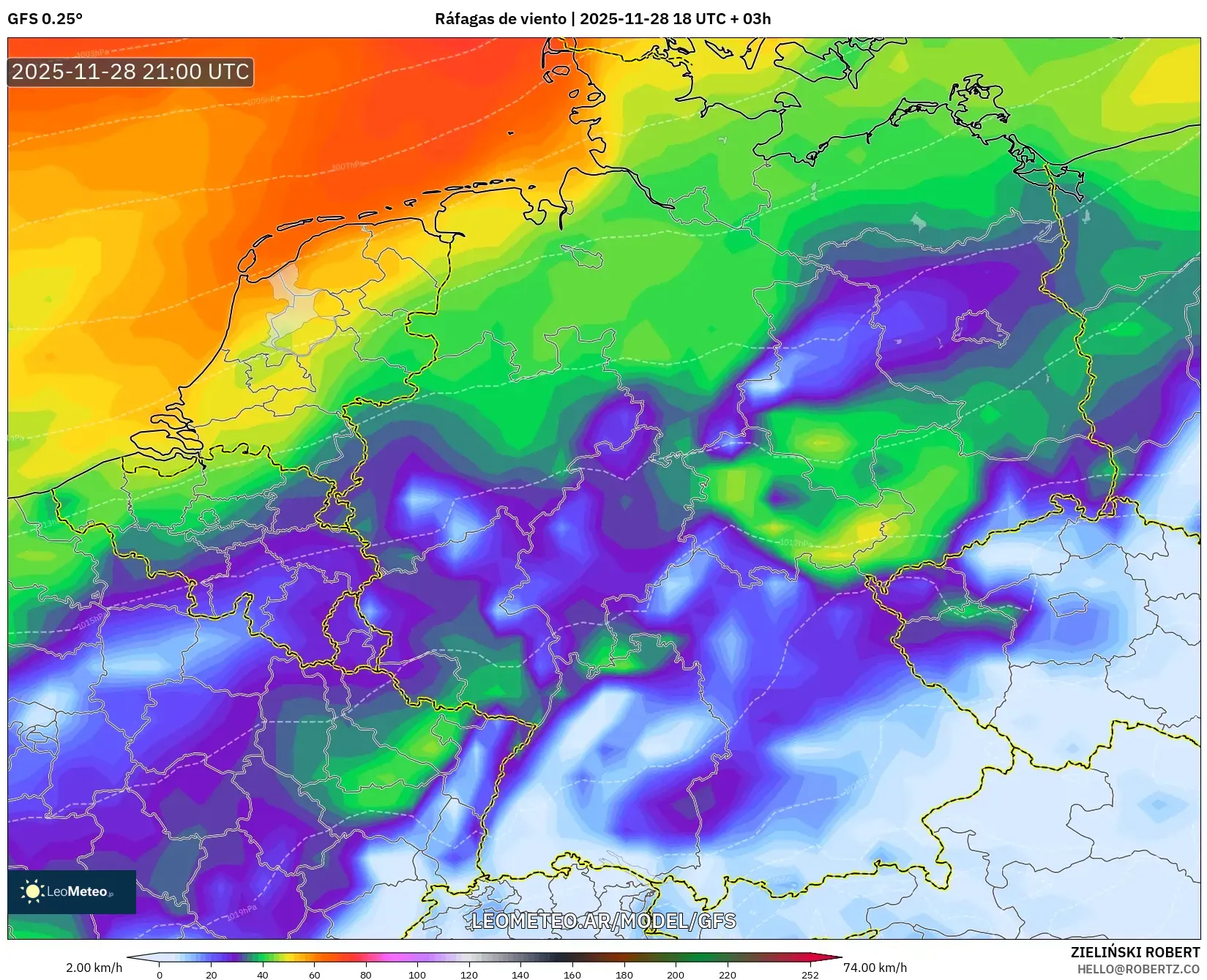 GFS model - Alemania, Ráfagas de viento