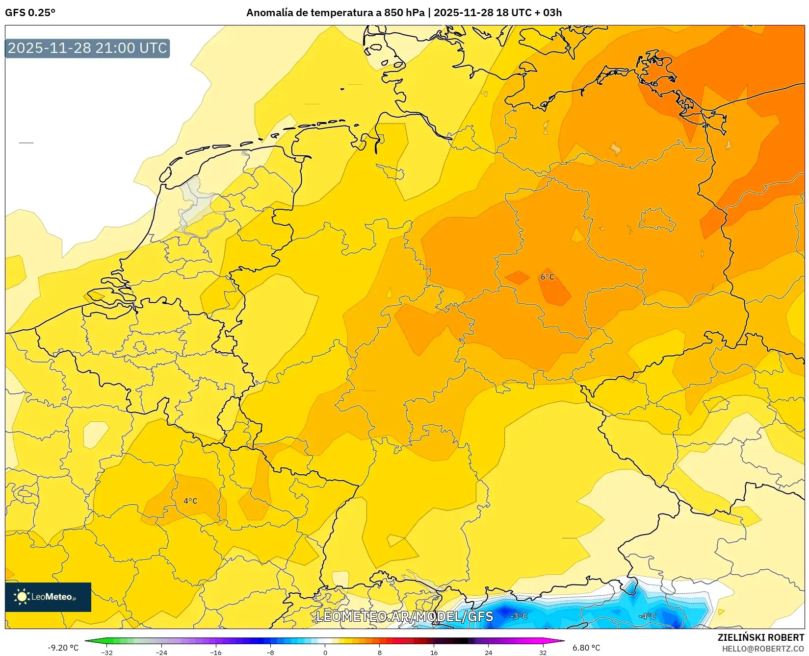 GFS model - Alemania, Anomalía de temperatura a 850 hPa