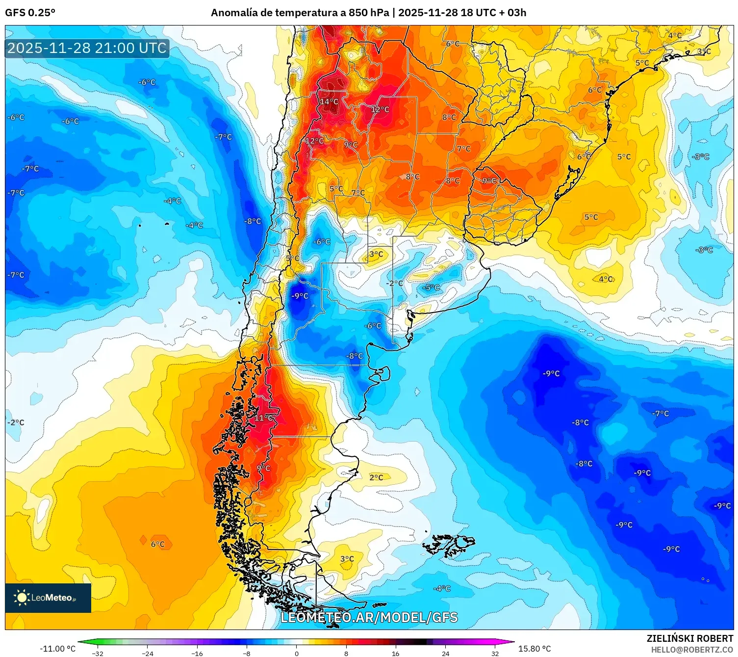 GFS model - Argentina, Anomalía de temperatura a 850 hPa
