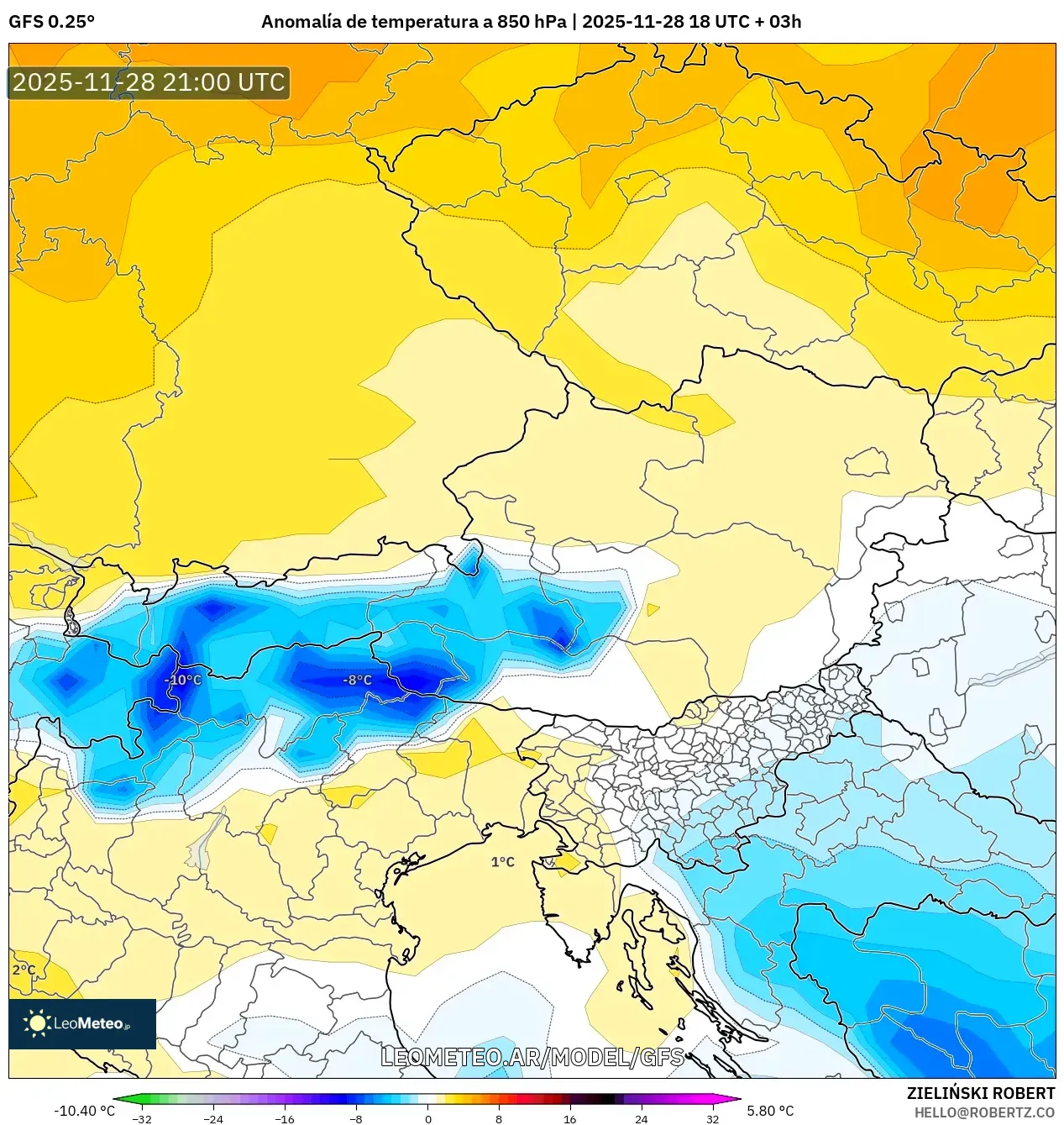 GFS model - Austria, Anomalía de temperatura a 850 hPa