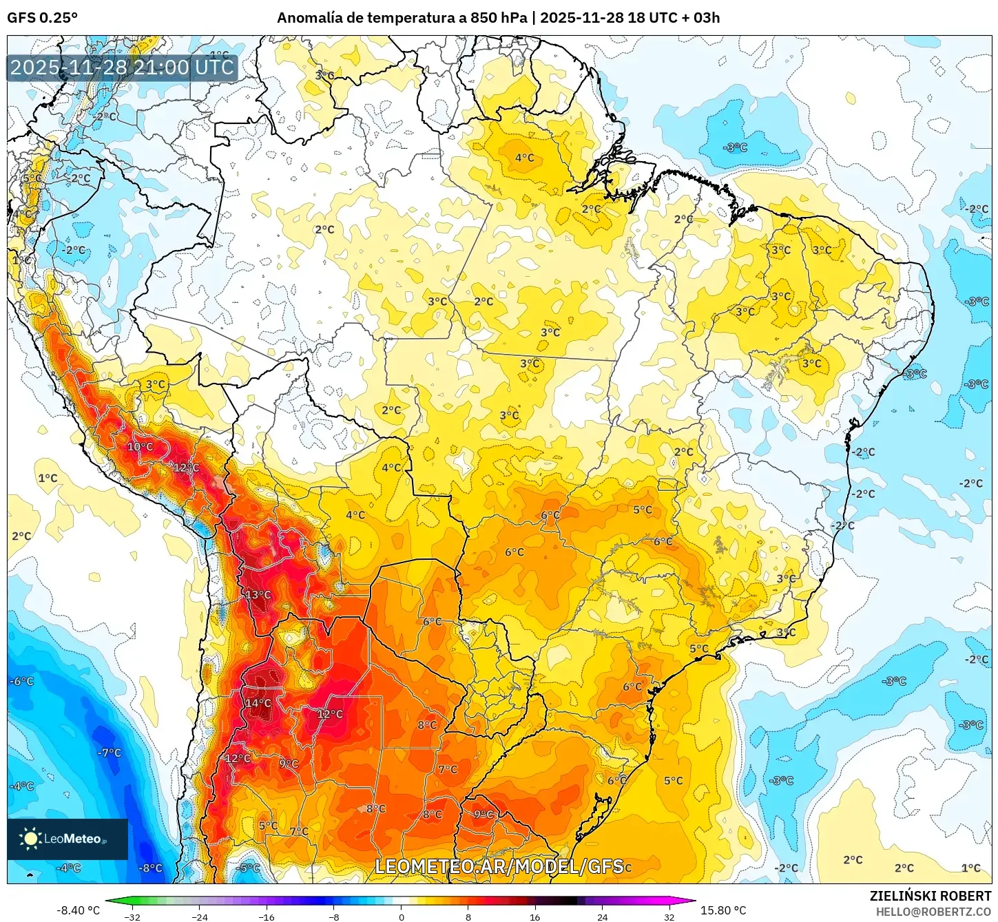 GFS model - Brasil, Anomalía de temperatura a 850 hPa