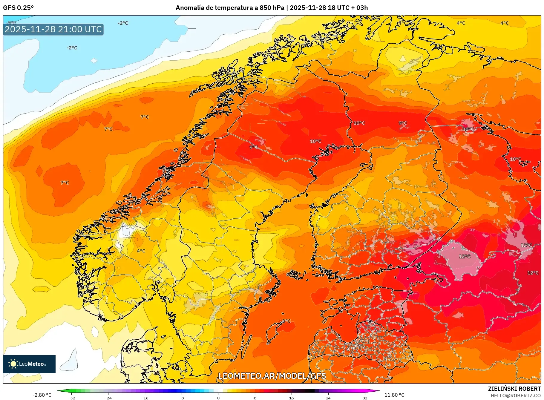 GFS model - Escandinavia, Anomalía de temperatura a 850 hPa