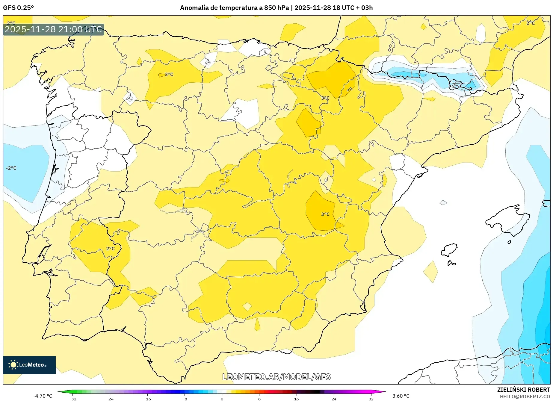 GFS model - España, Anomalía de temperatura a 850 hPa