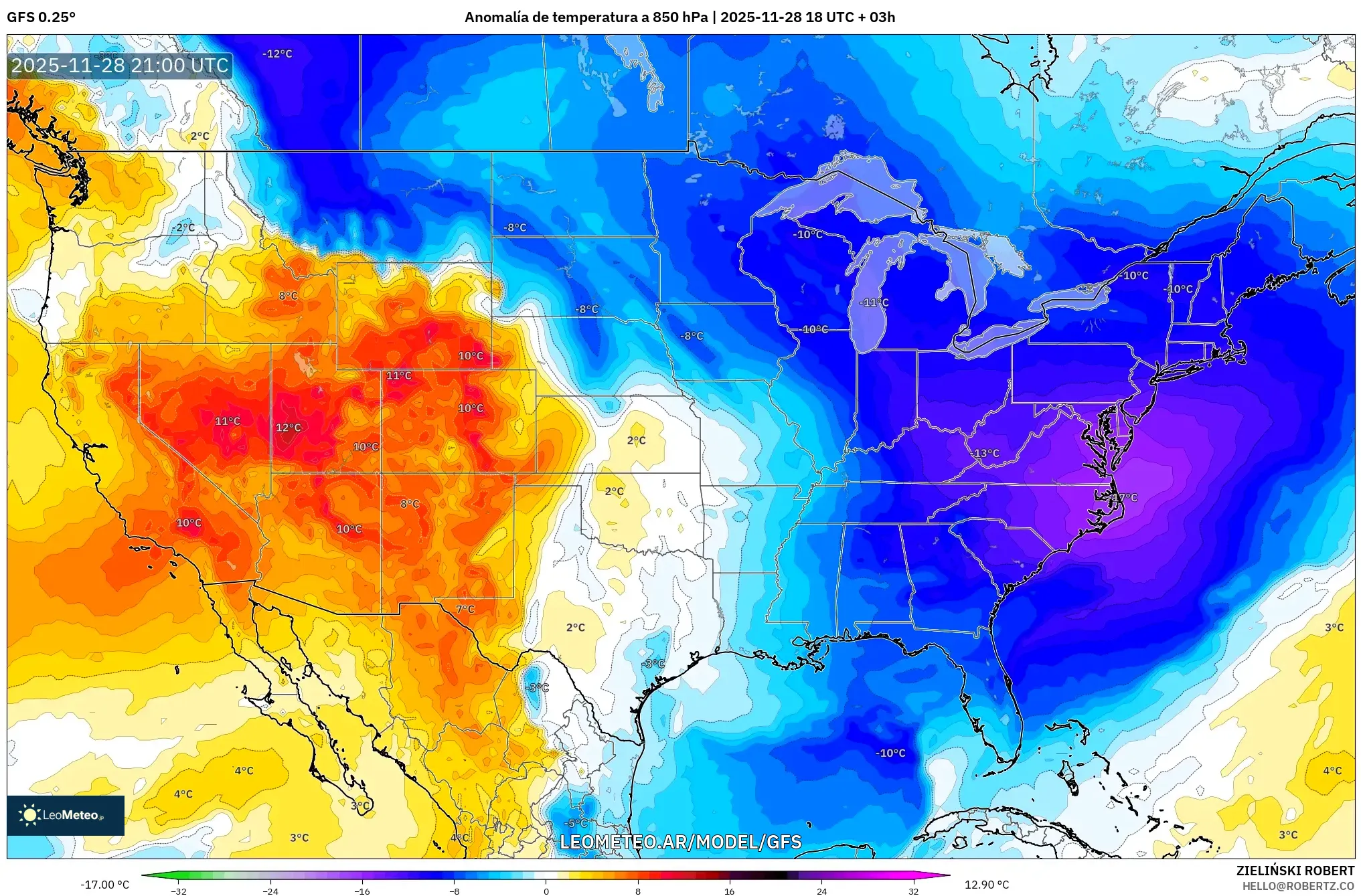 GFS model - Estados Unidos, Anomalía de temperatura a 850 hPa