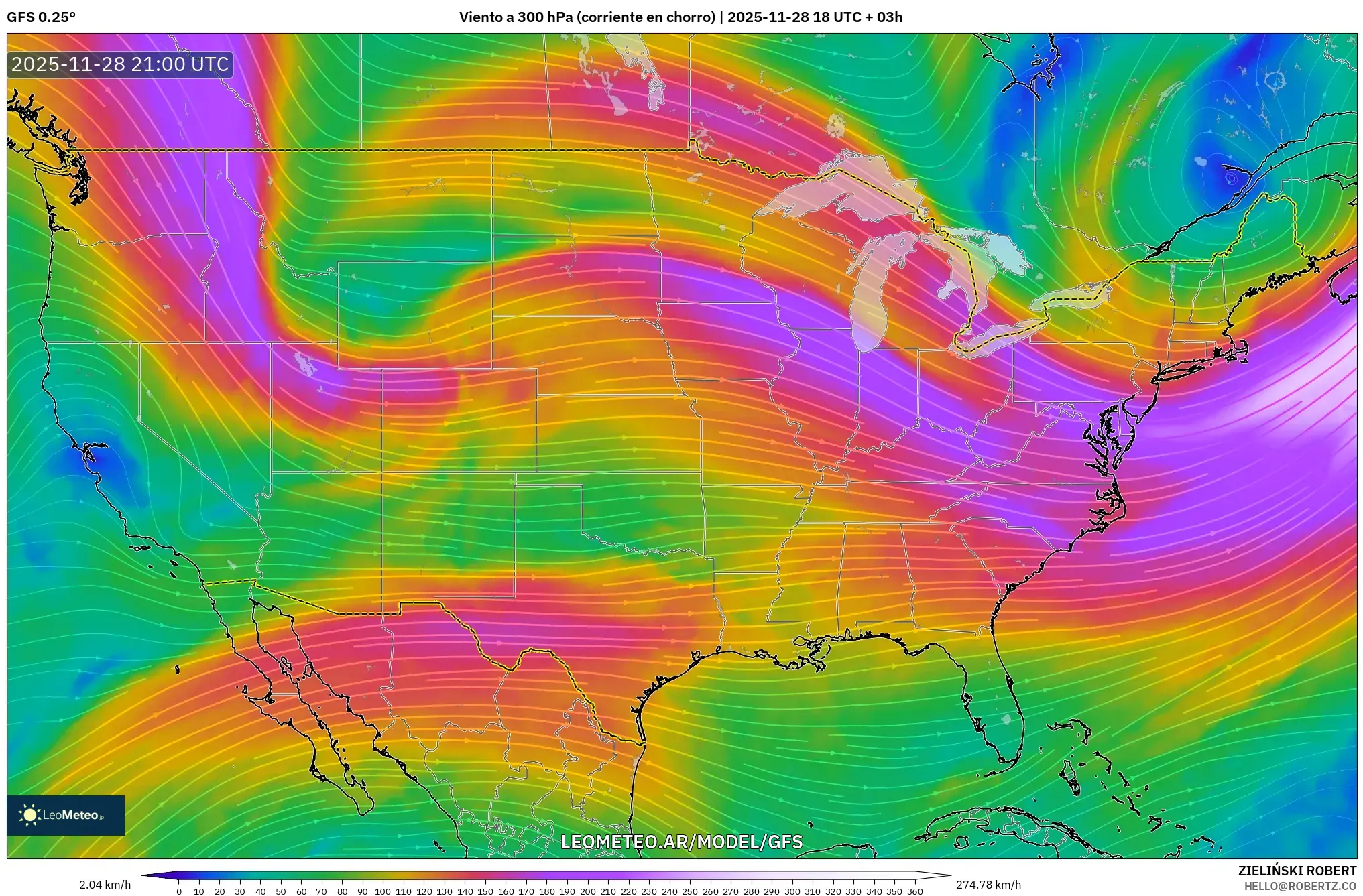 GFS model - Estados Unidos, Viento a 300 hPa (corriente en chorro)