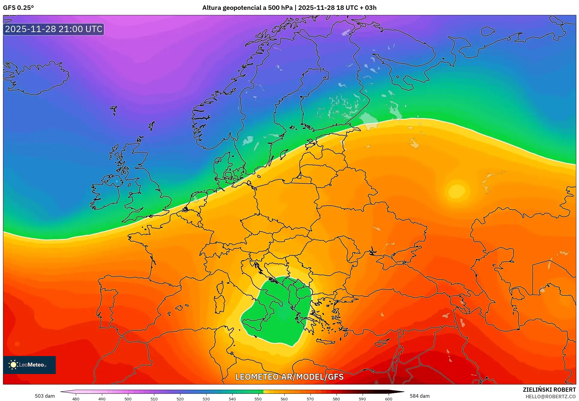 GFS model - Europa, Altura geopotencial a 500 hPa