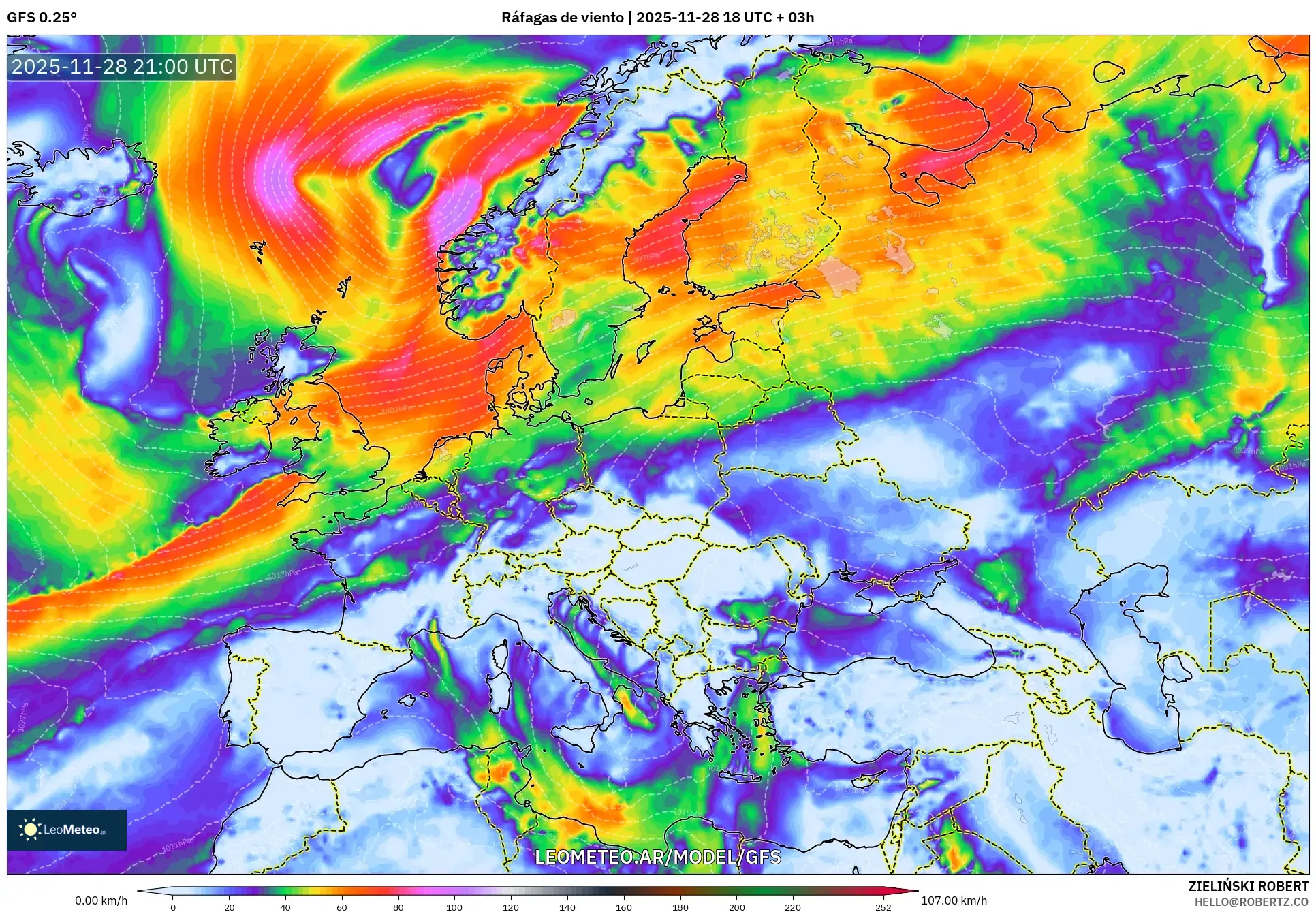 GFS model - Europa, Ráfagas de viento