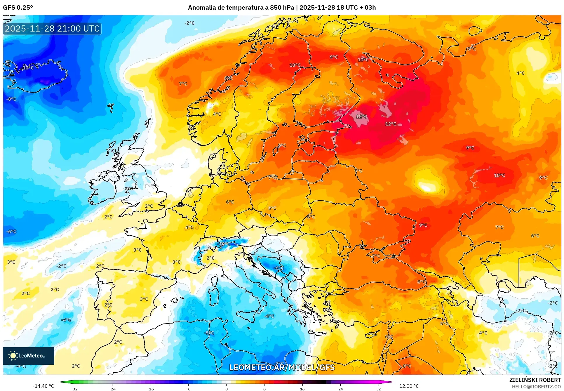 GFS model - Europa, Anomalía de temperatura a 850 hPa