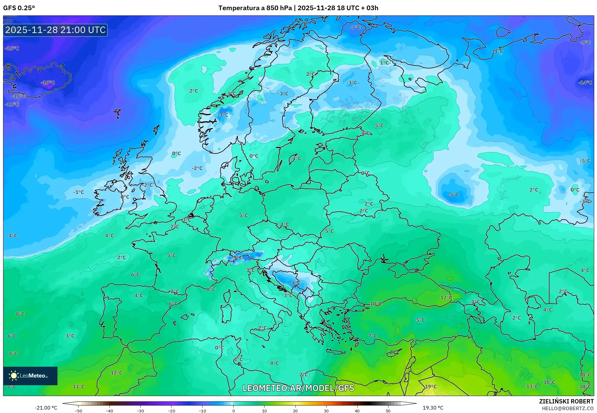 GFS model - Europa, Temperatura a 850 hPa