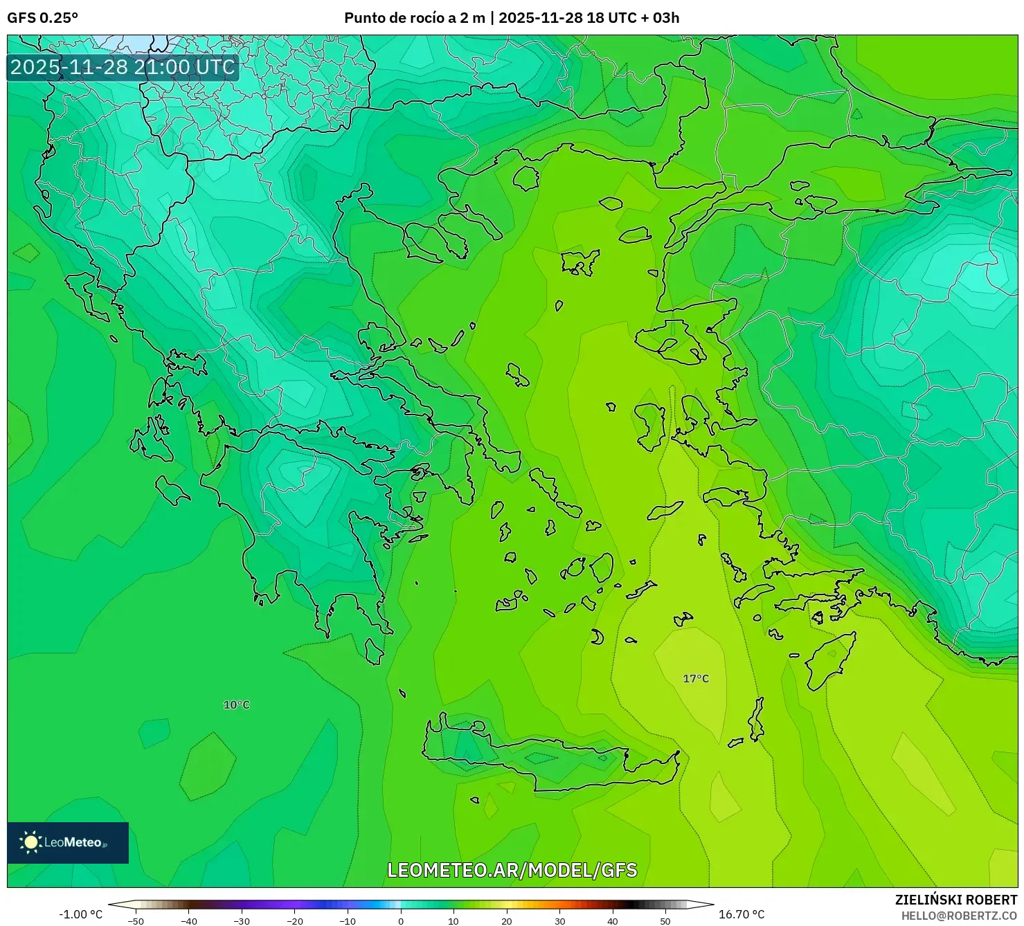GFS model - Grecia, Punto de rocío a 2 m