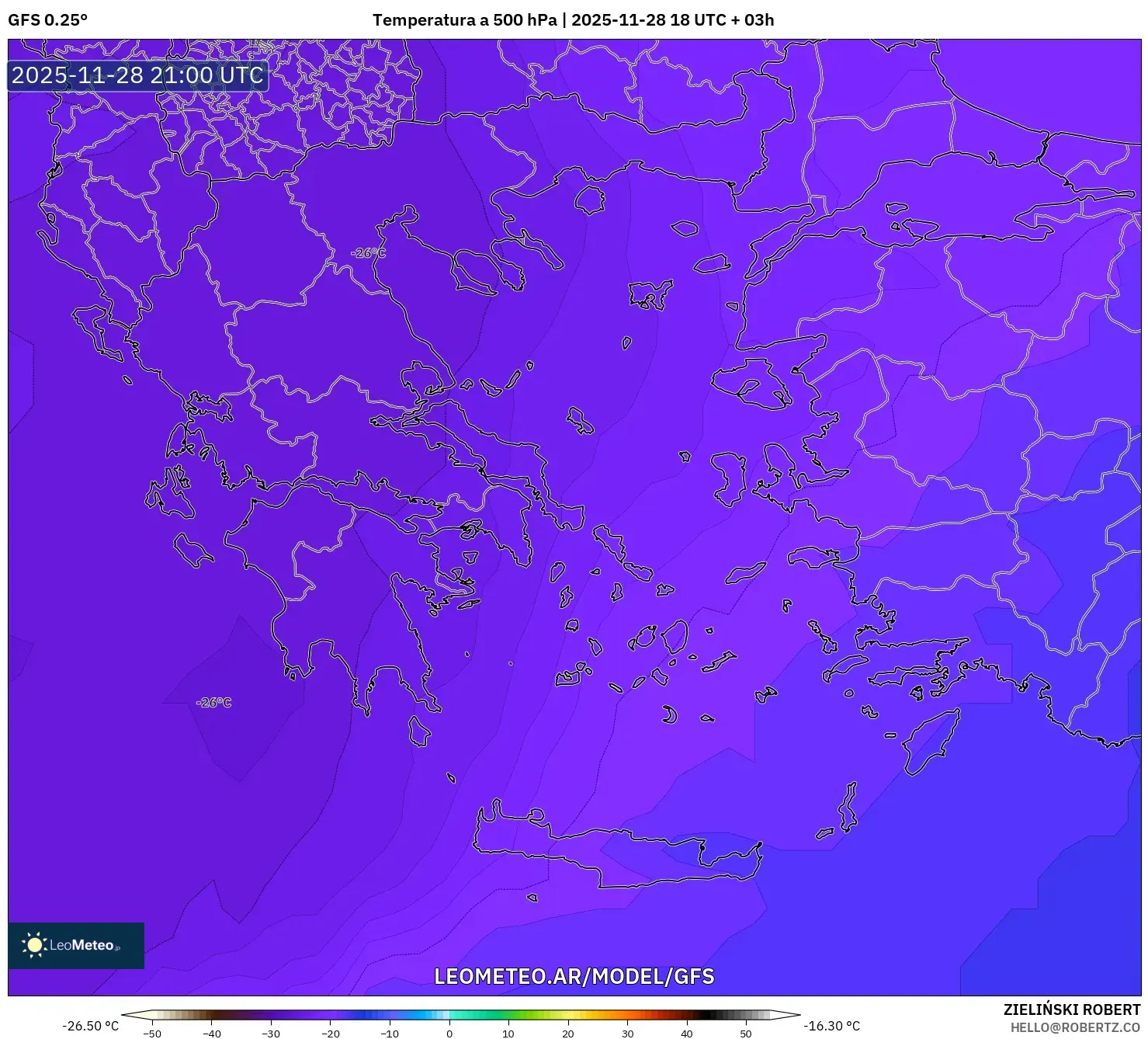 GFS model - Grecia, Temperatura a 500 hPa