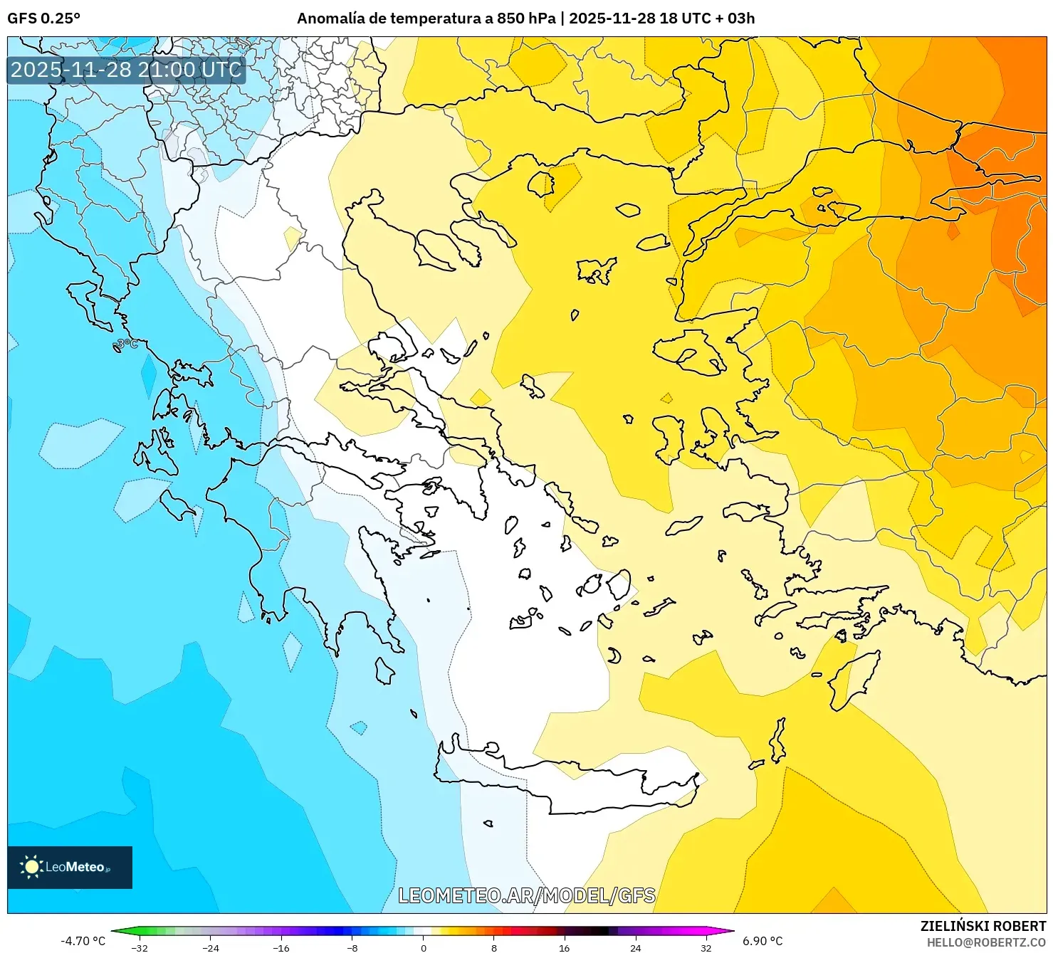GFS model - Grecia, Anomalía de temperatura a 850 hPa