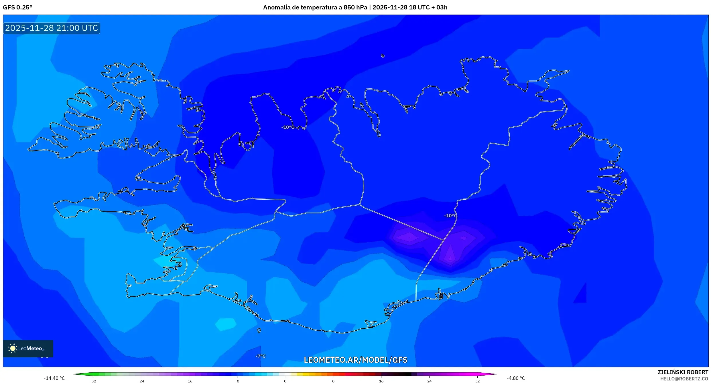 GFS model - Islandia, Anomalía de temperatura a 850 hPa