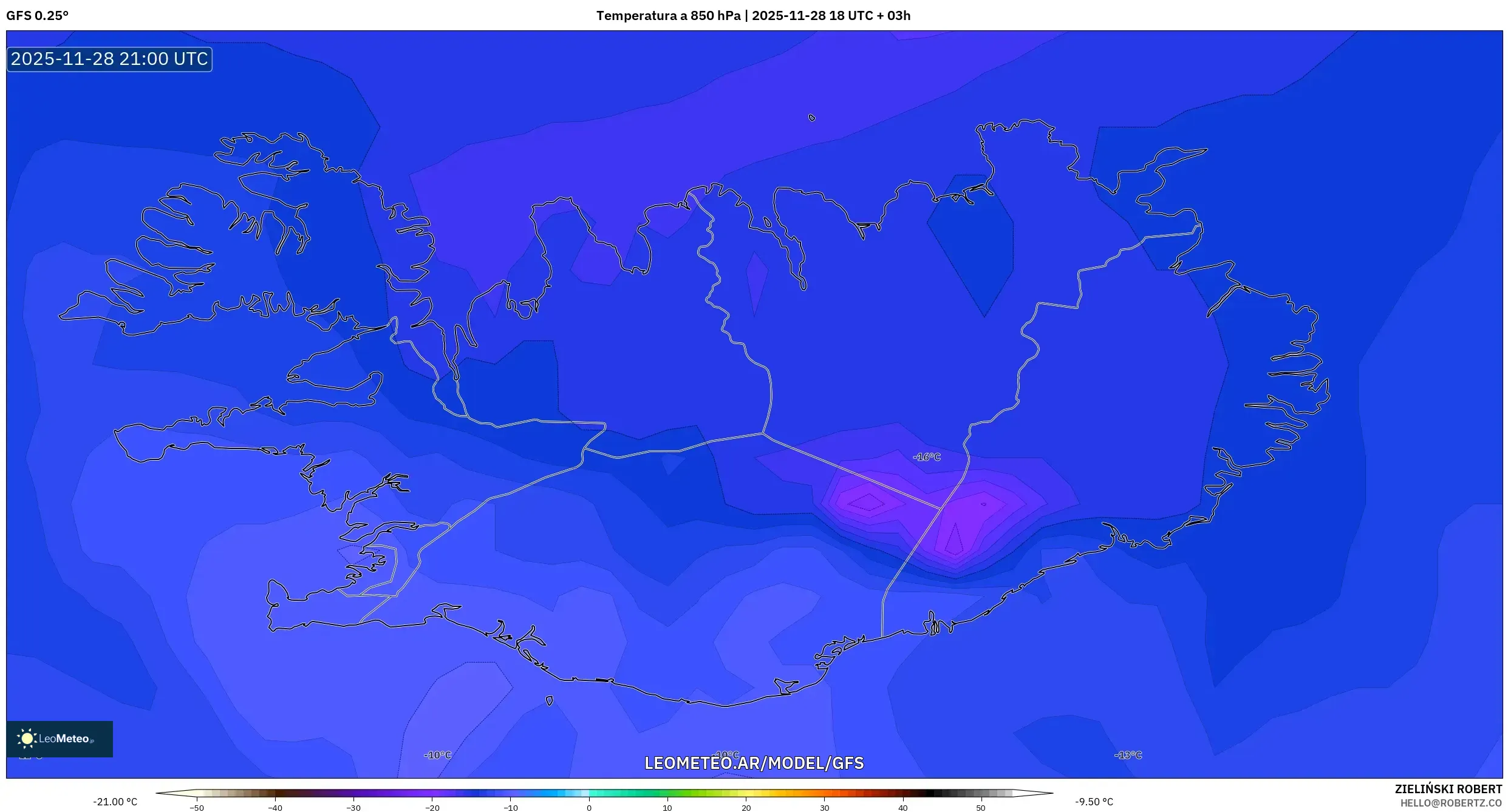 GFS model - Islandia, Temperatura a 850 hPa