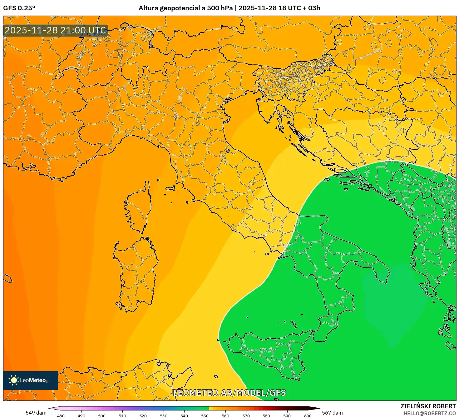 GFS model - Italia, Altura geopotencial a 500 hPa