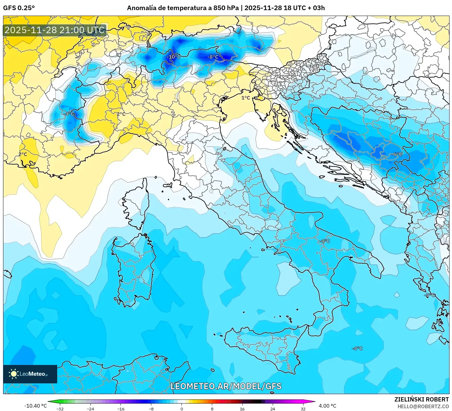 GFS model - Italia, Anomalía de temperatura a 850 hPa