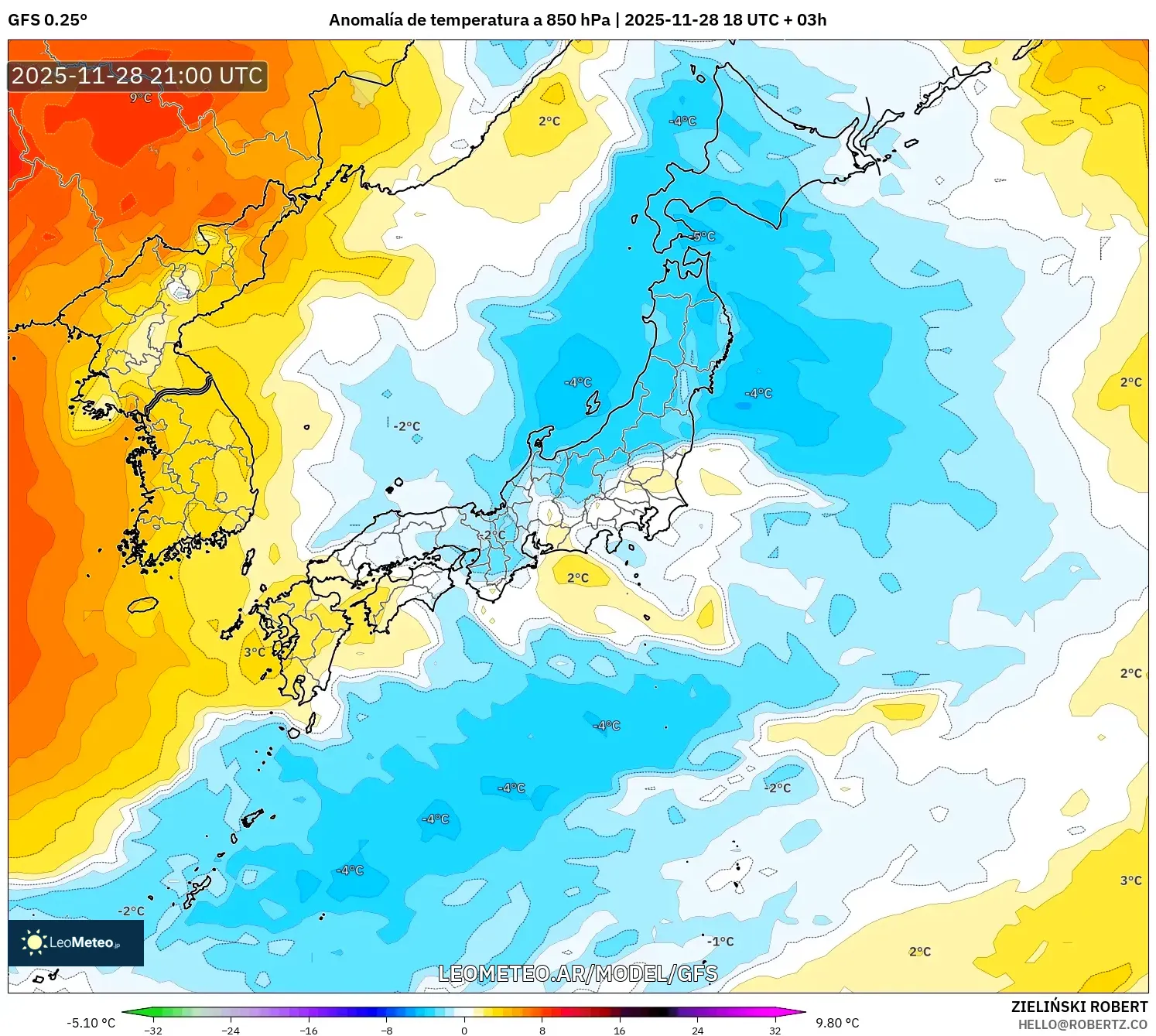 GFS model - Japón, Anomalía de temperatura a 850 hPa