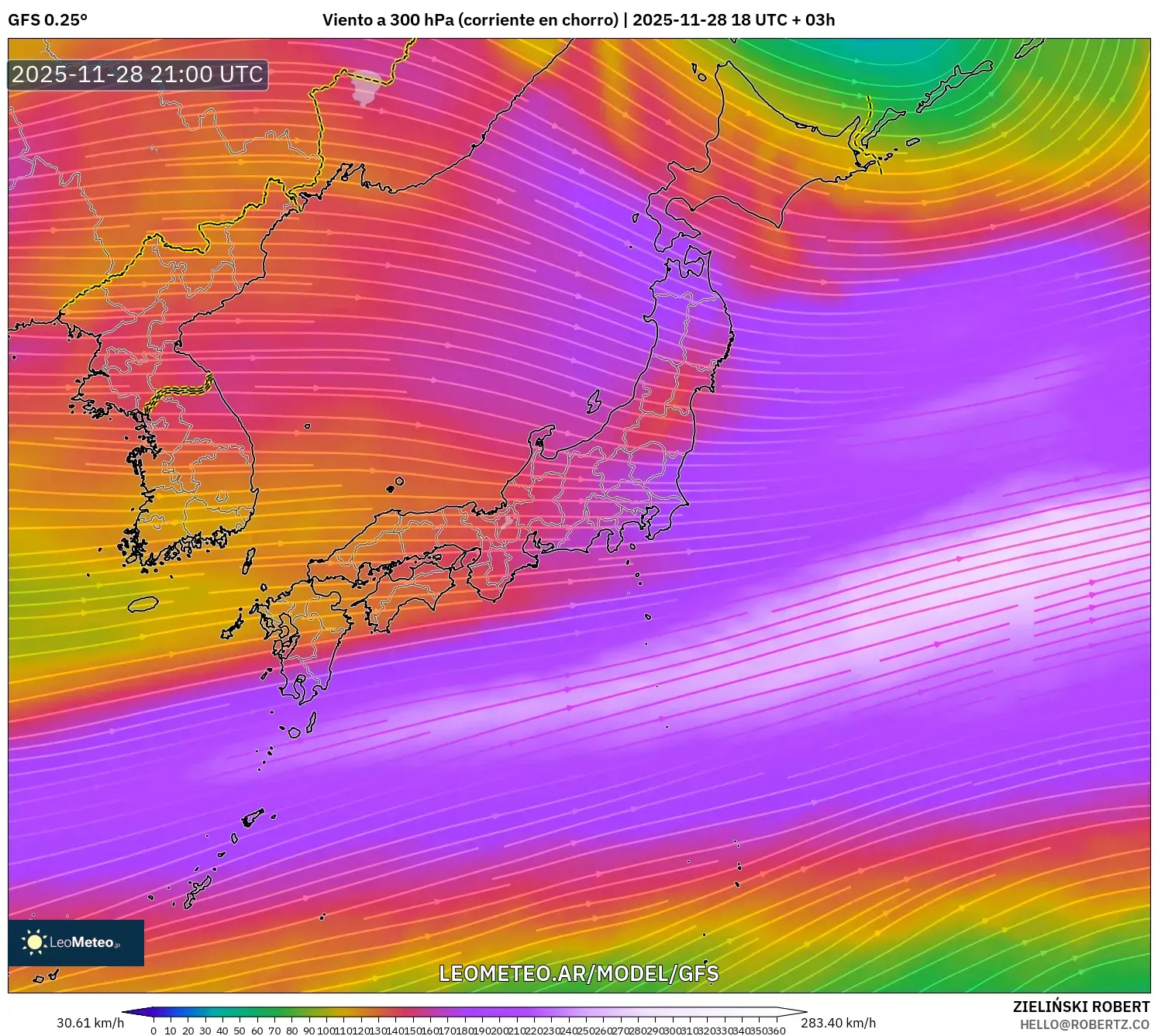 GFS model - Japón, Viento a 300 hPa (corriente en chorro)