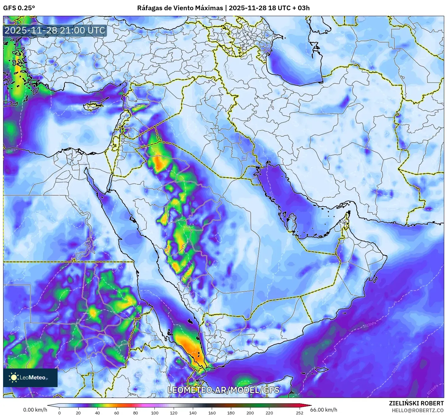 GFS model - Oriente Medio, Ráfagas de Viento Máximas