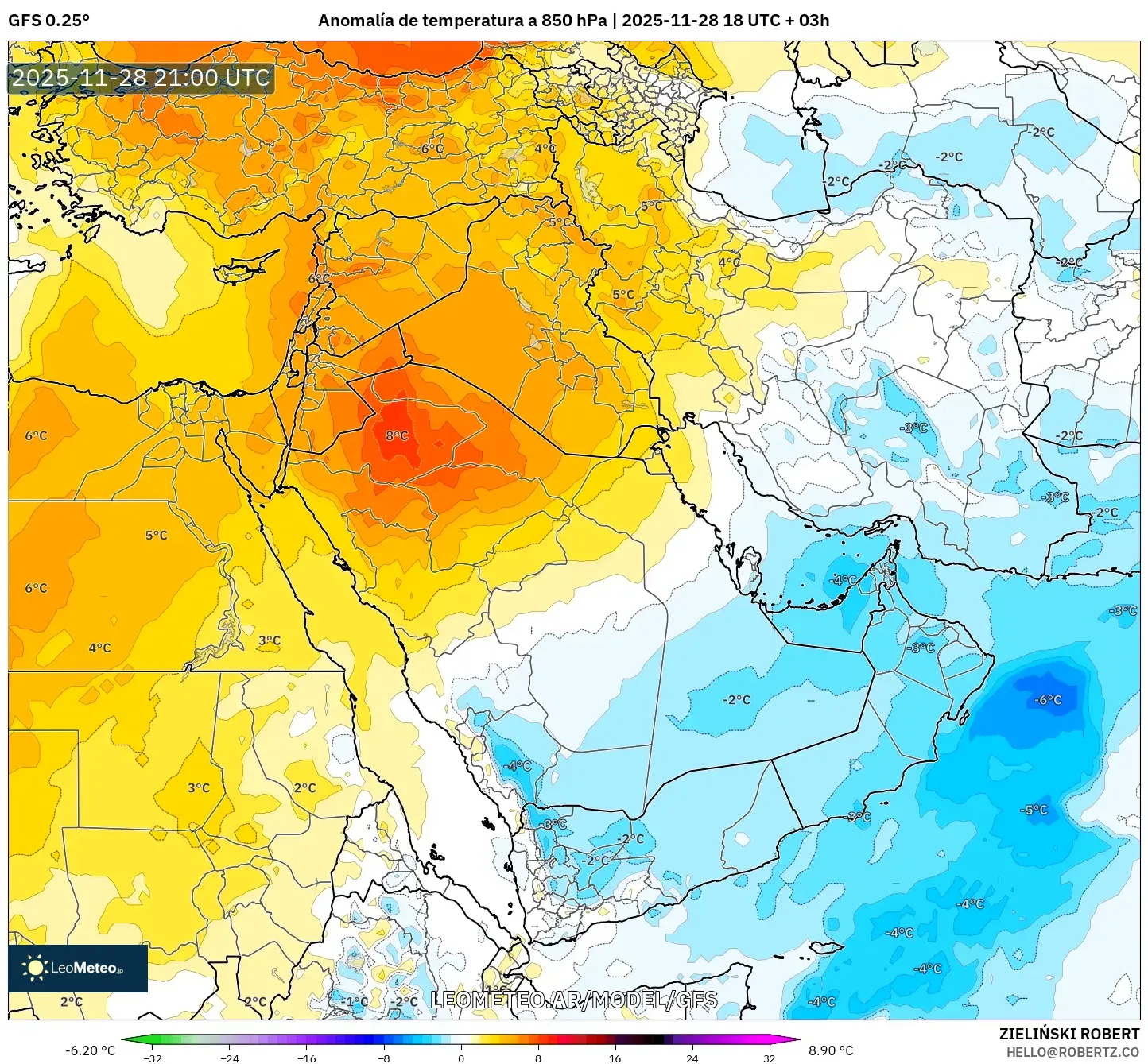 GFS model - Oriente Medio, Anomalía de temperatura a 850 hPa