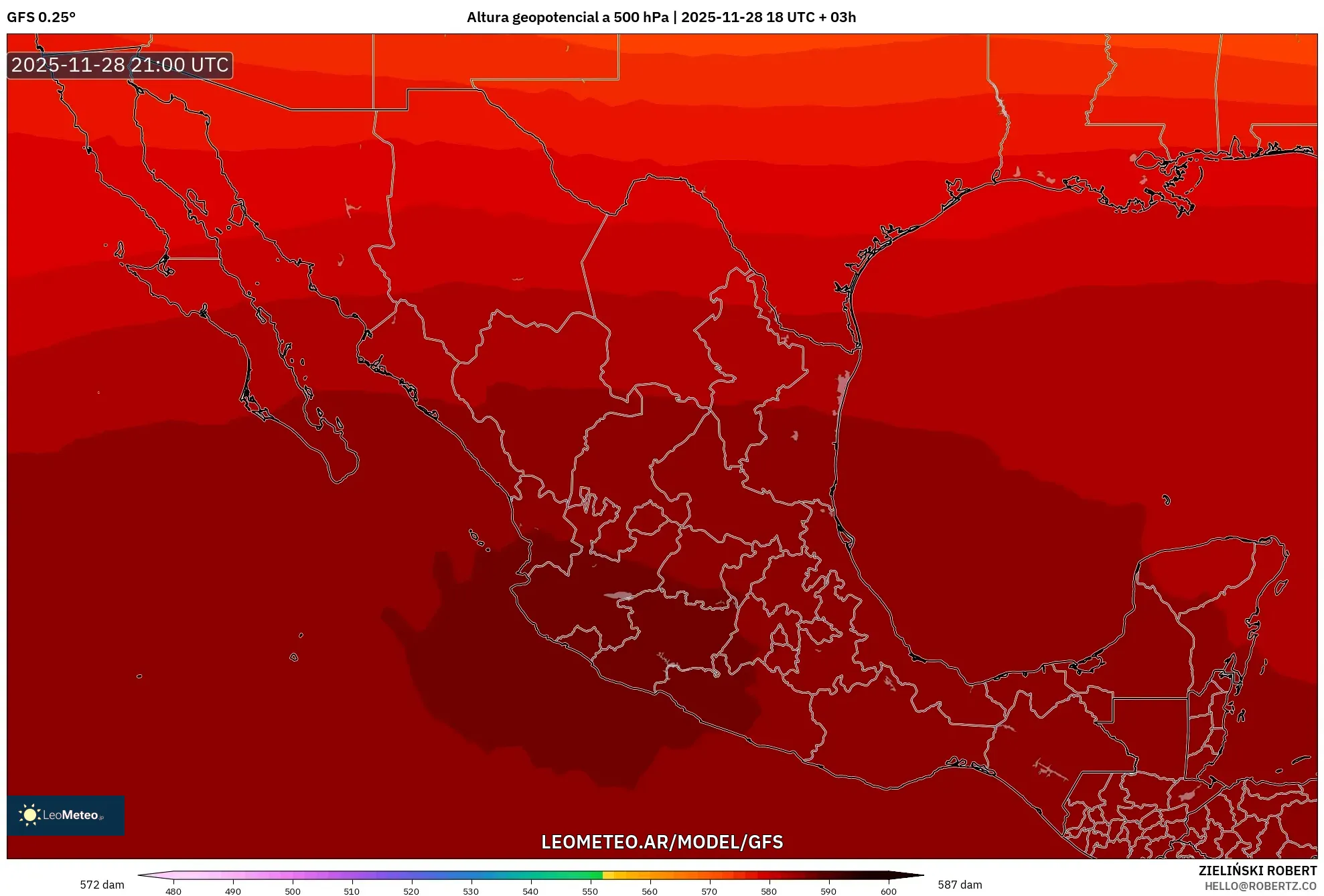 GFS model - México, Altura geopotencial a 500 hPa