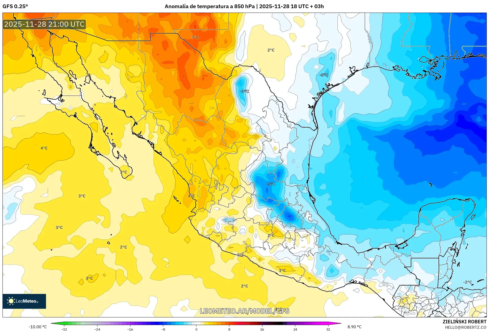 GFS model - México, Anomalía de temperatura a 850 hPa