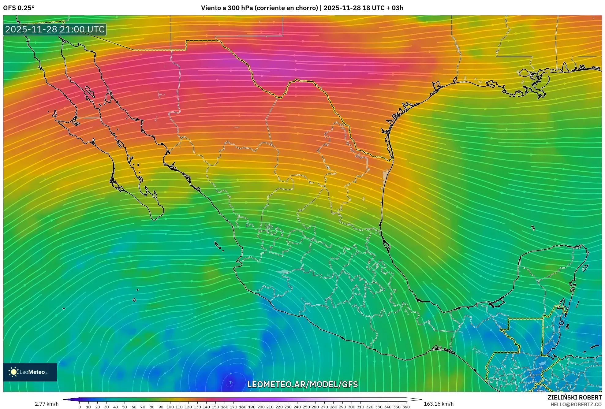 GFS model - México, Viento a 300 hPa (corriente en chorro)
