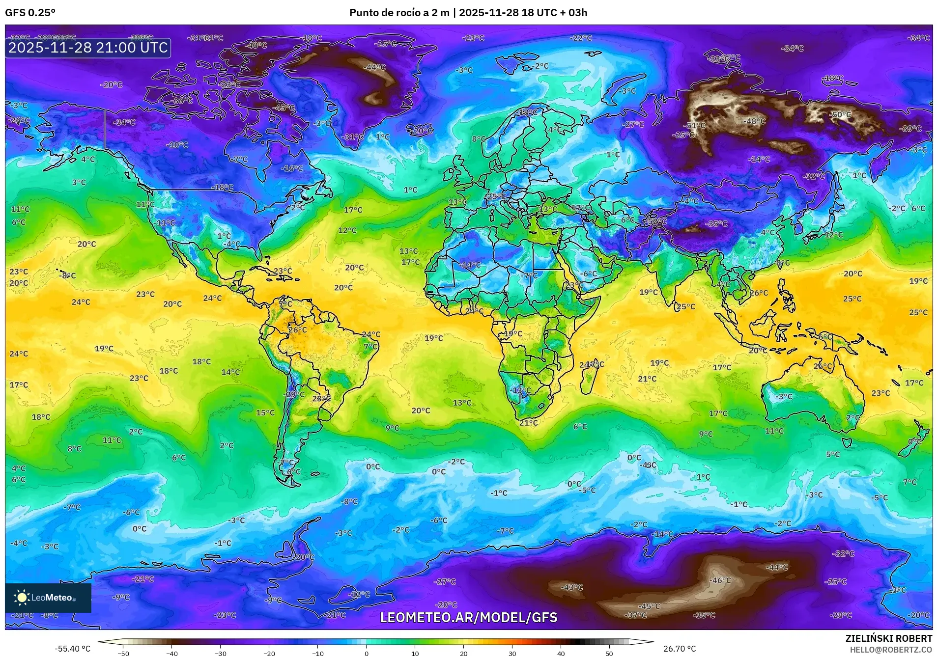 GFS model - Mundo, Punto de rocío a 2 m