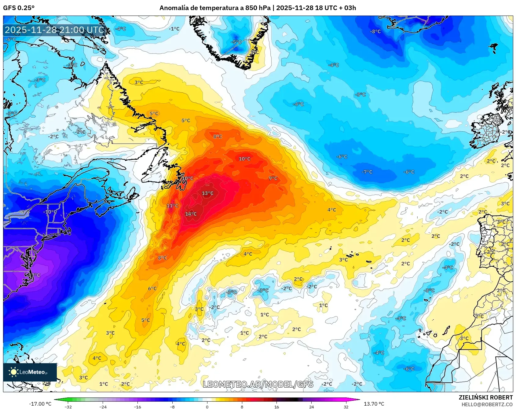 GFS model - Norte Atlántico, Anomalía de temperatura a 850 hPa