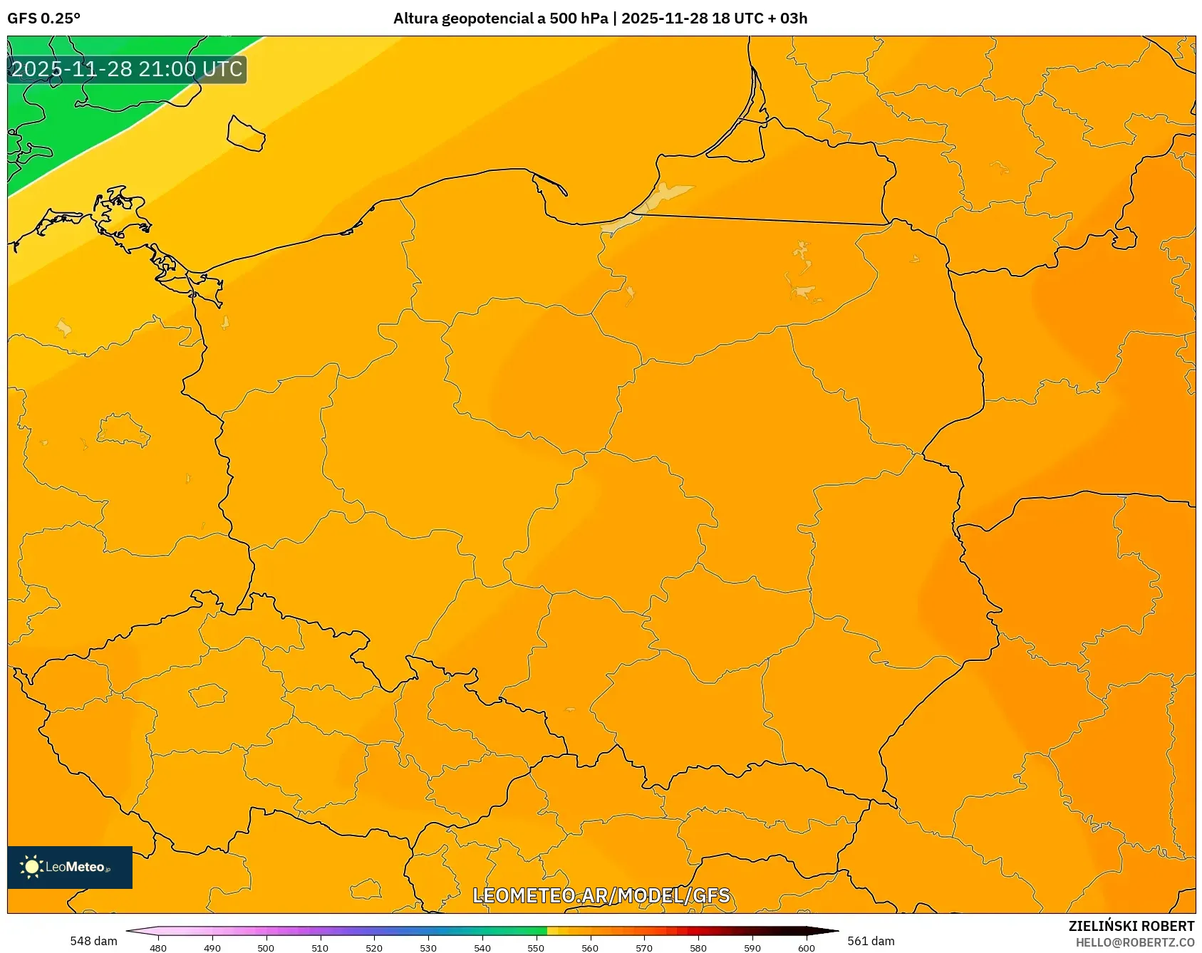 GFS model - Polonia, Altura geopotencial a 500 hPa