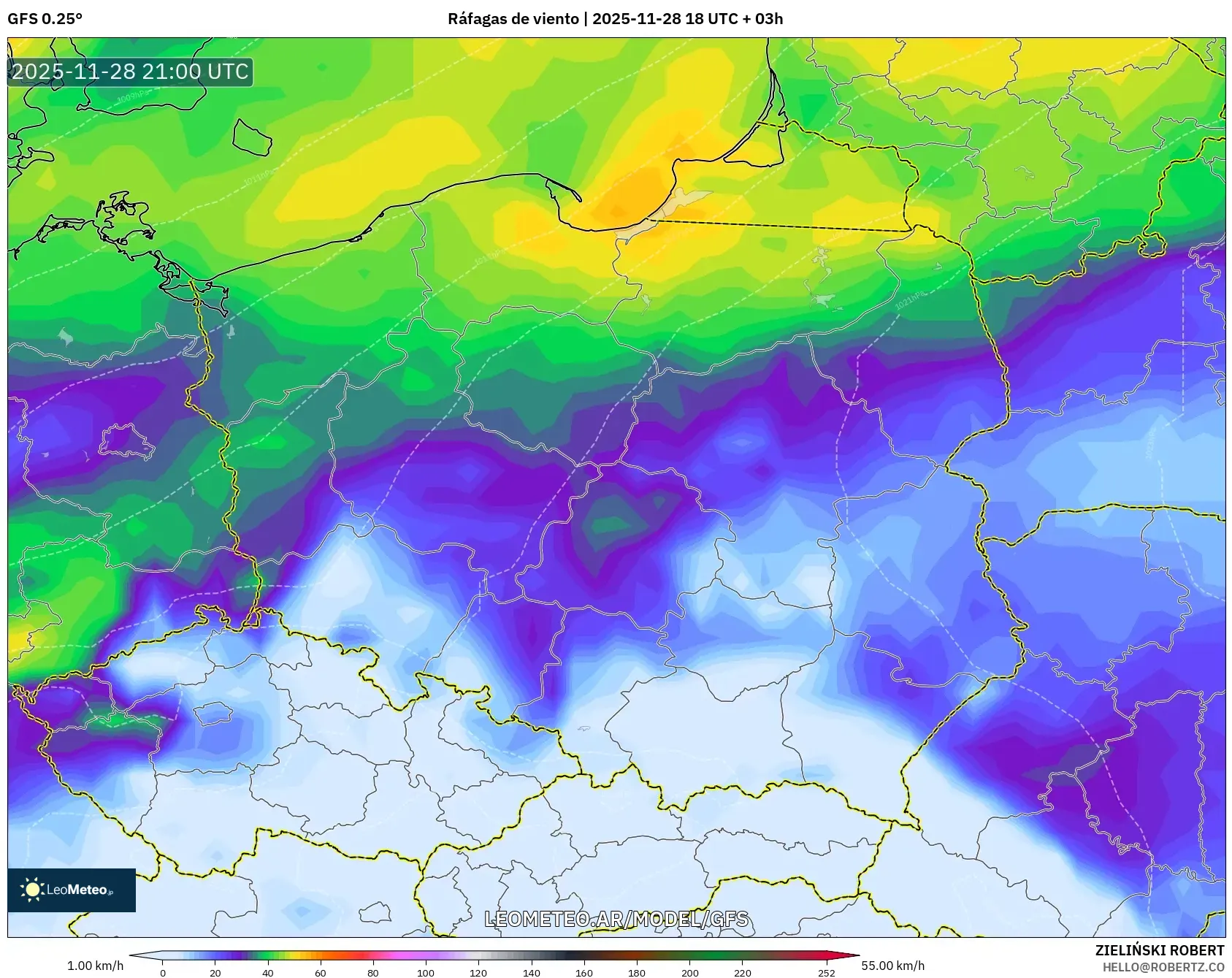 GFS model - Polonia, Ráfagas de viento