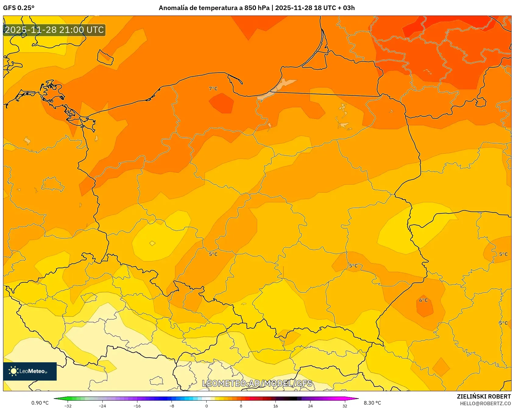 GFS model - Polonia, Anomalía de temperatura a 850 hPa