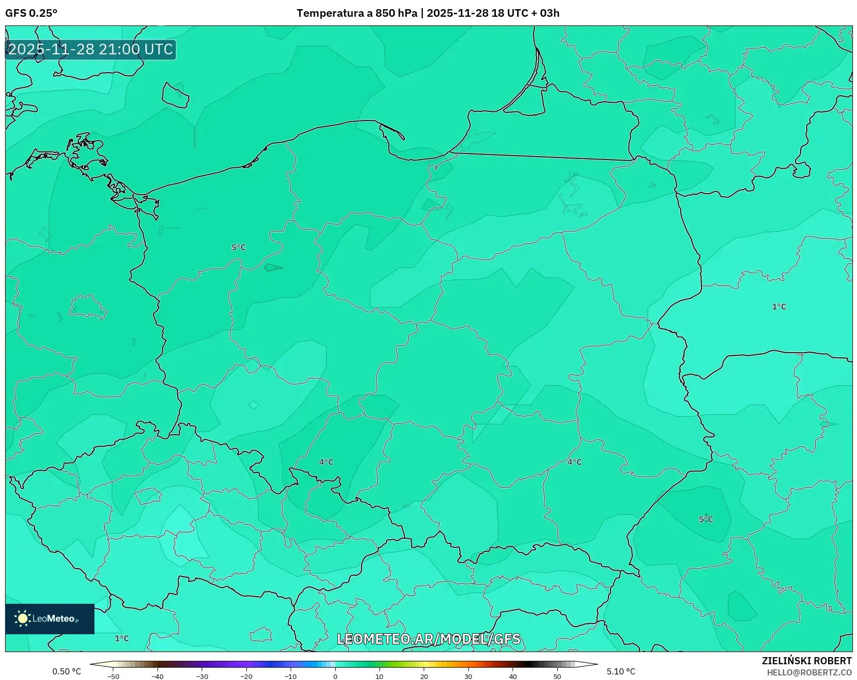 GFS model - Polonia, Temperatura a 850 hPa