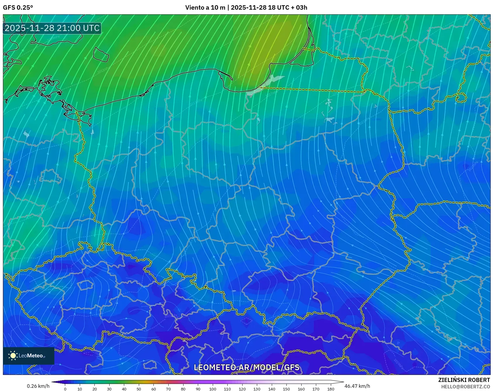 GFS model - Polonia, Viento a 10 m