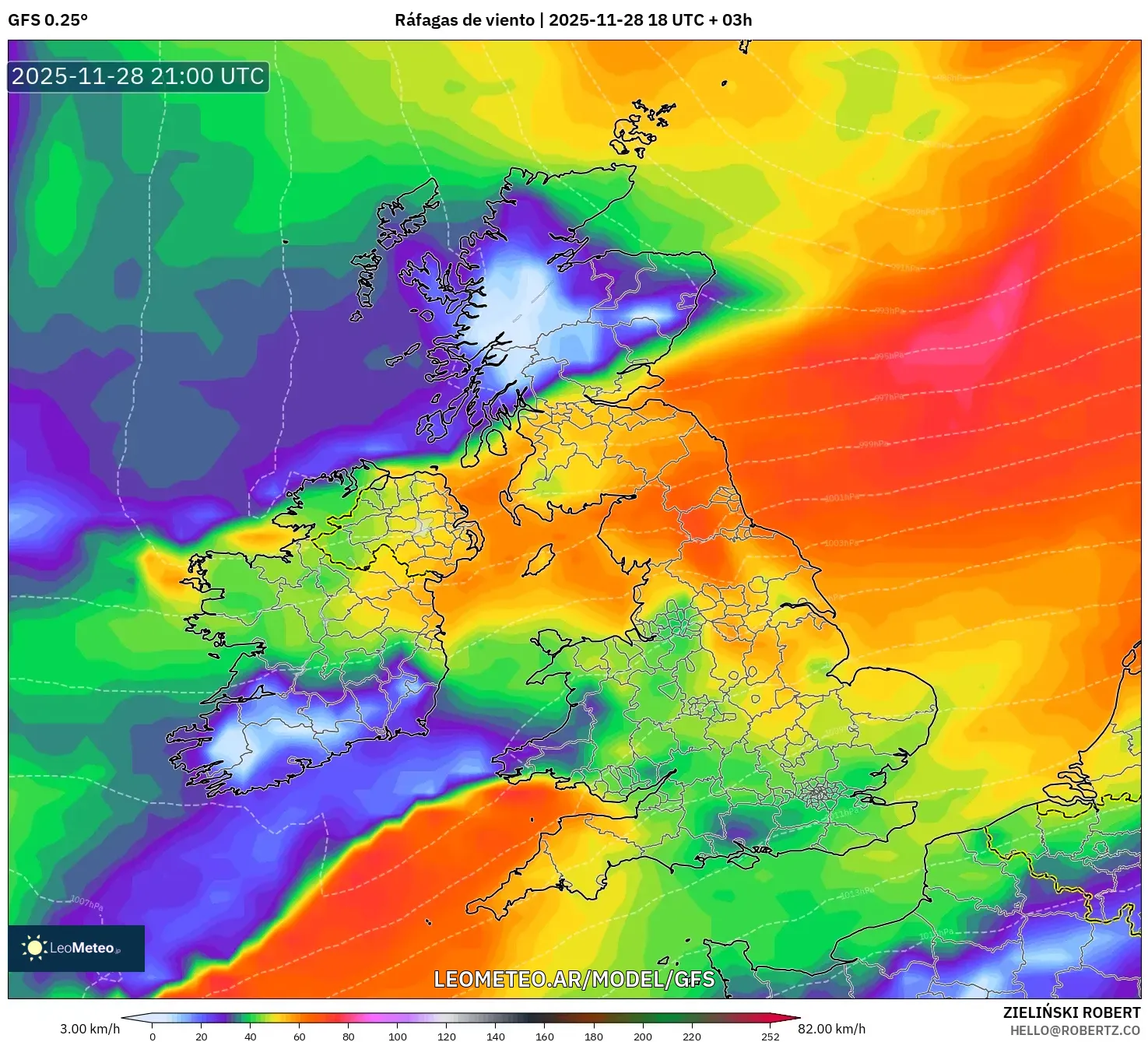 GFS model - Reino Unido, Ráfagas de viento