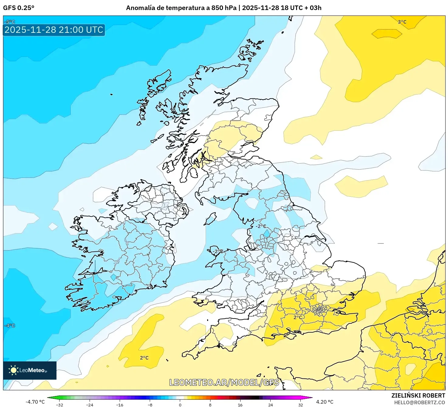 GFS model - Reino Unido, Anomalía de temperatura a 850 hPa