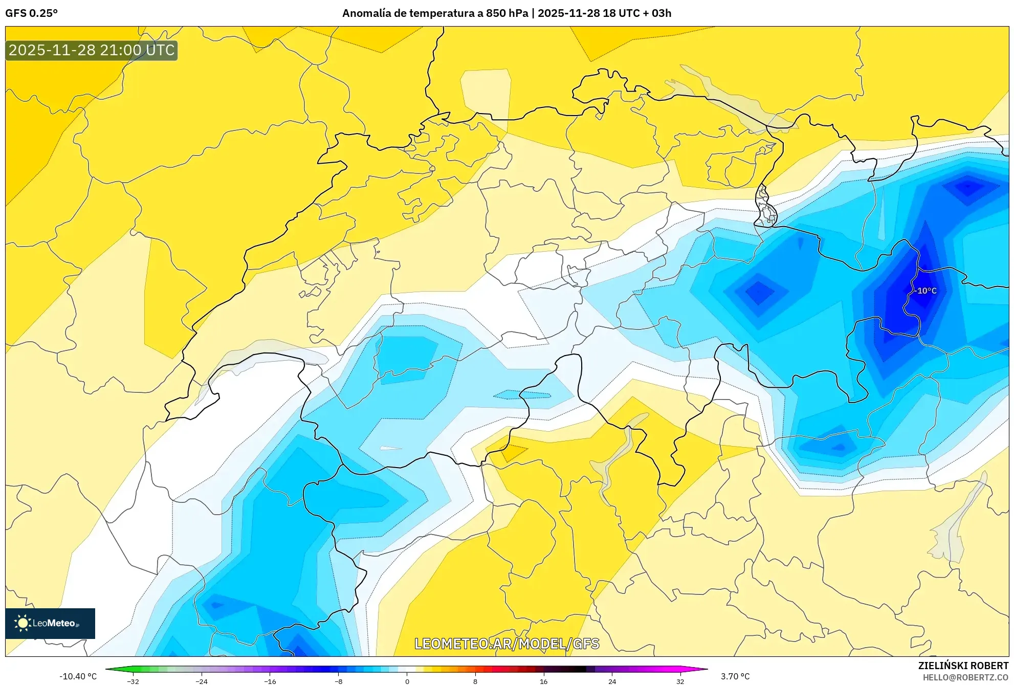 GFS model - Suiza, Anomalía de temperatura a 850 hPa