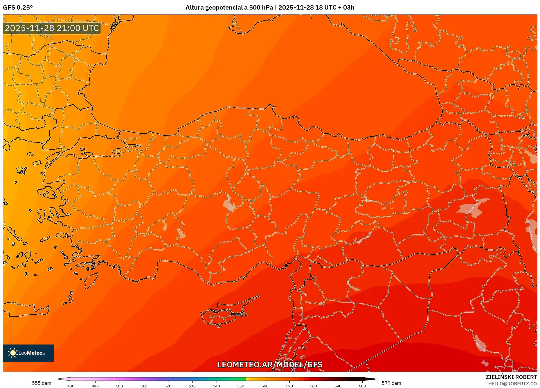 GFS model - Turquía, Altura geopotencial a 500 hPa