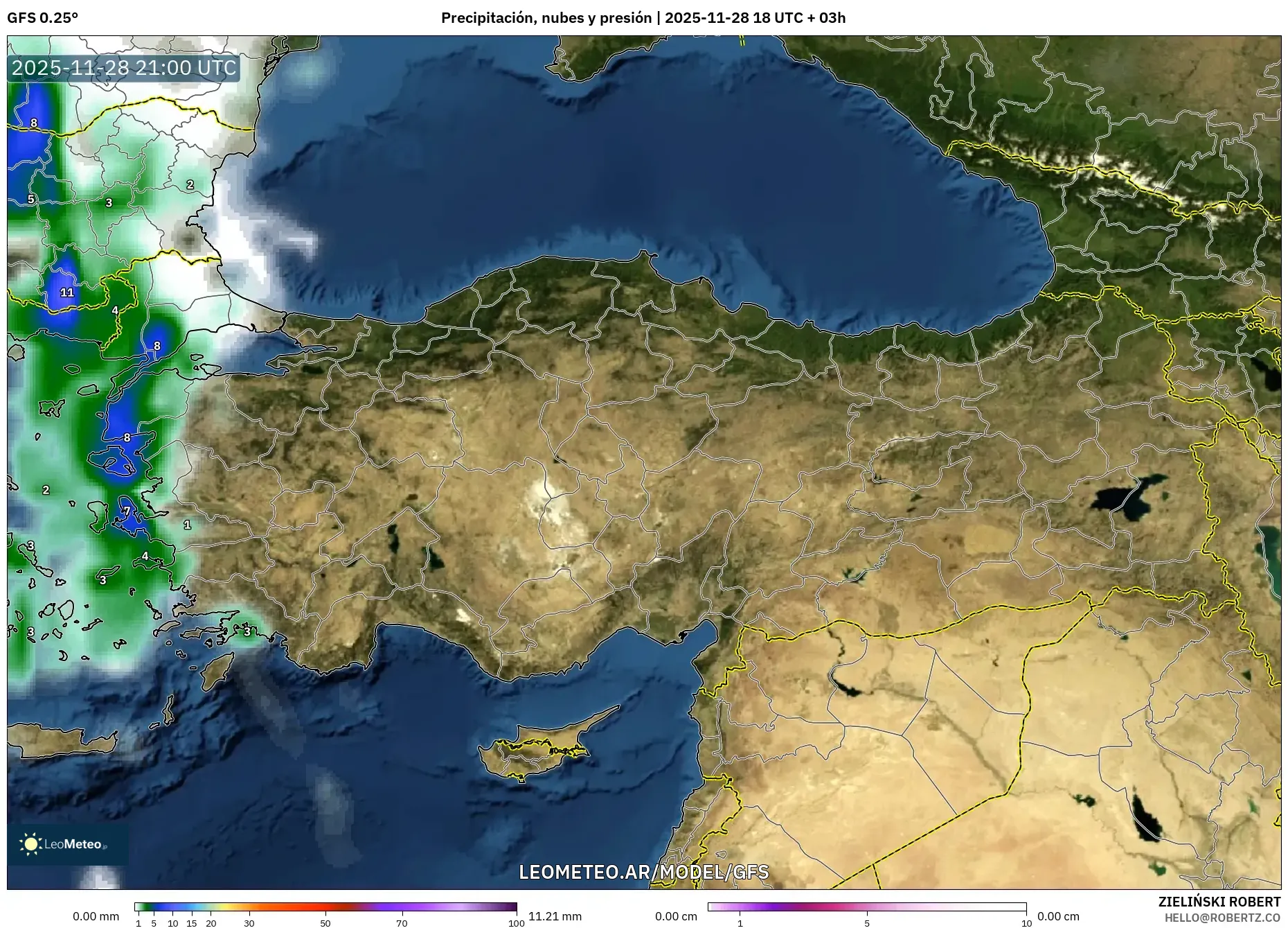 GFS model - Turquía, Precipitación, nubes y presión