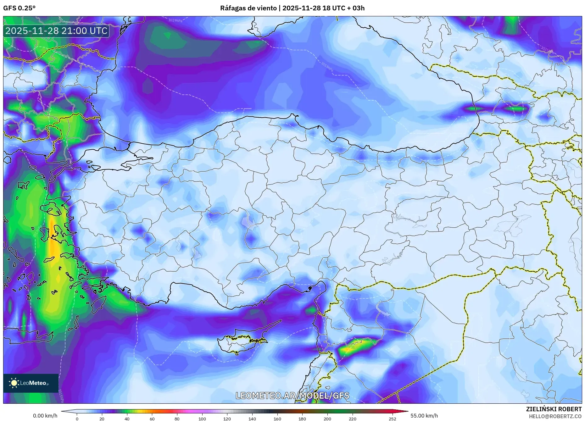 GFS model - Turquía, Ráfagas de viento
